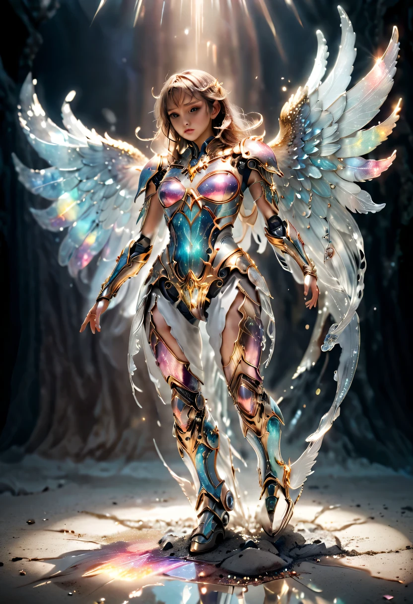 cosmic fallen angel，transparent armor,Sequins,colored Light,crystal, Glass, transparent, (actual), masterpiece, best quality, Light, natural shadow, highest detail, Professional photography, Detailed background, depth of field, super crazy details, complicated, beautiful, subsurface scattering, dynamic perspective, 直至沿着宇宙中的crystal之路行走, 直到被阳Light照亮&#39;s-ray, stars twinkling around, Comet and planet fLight, magical bright picture,