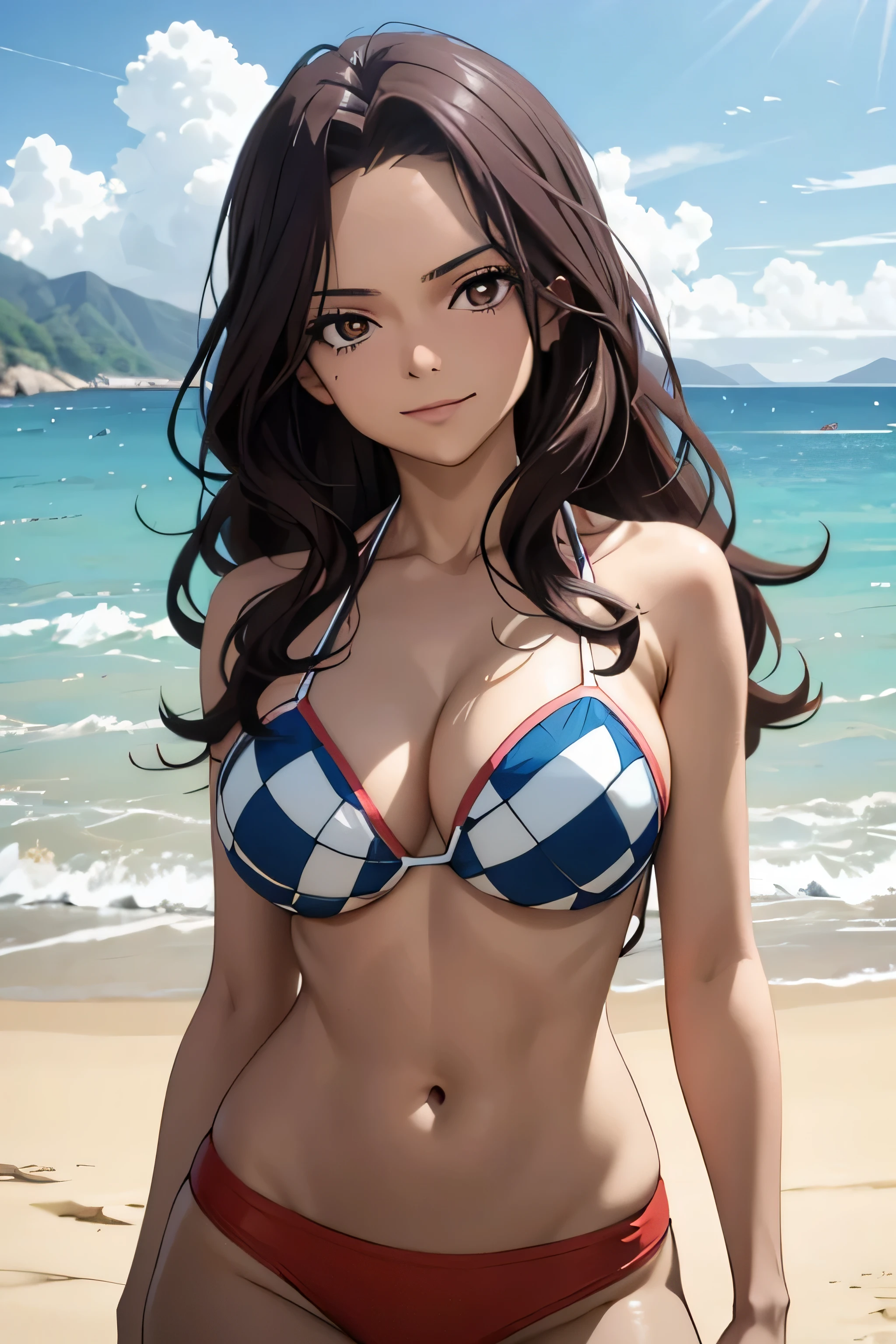 absurdos, high resolution, ultra-afiado, 8K, {obra de arte}, olhos expressivos, extremamente detalhado, melhor qualidade, rosto perfeito, 1 garota, Sozinho, olhos castanhos, praia, bikini, Standing, sorriso leve,