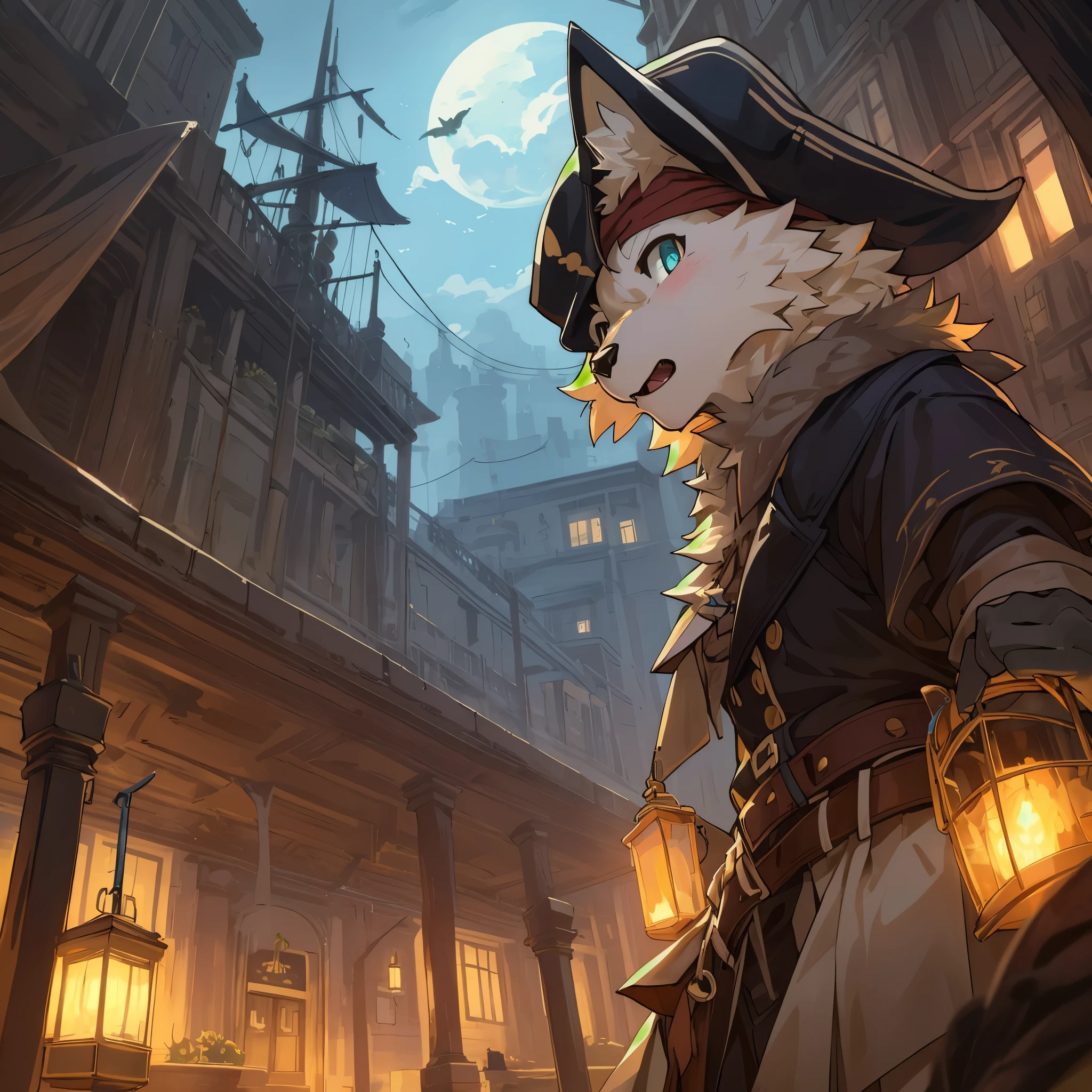 top quality, best quality, High-quality illustrations, masterpiece, super high resolution, detailed background, Hospitals with power outages, Spooky creatures, Pirate Ship, a pirate, 6+boys, 6+girls, absurdres(highly detailed beautiful face and eyes)perfect anatomy, expression, good lighting, cinematic shadow(kemono, furry anthro),