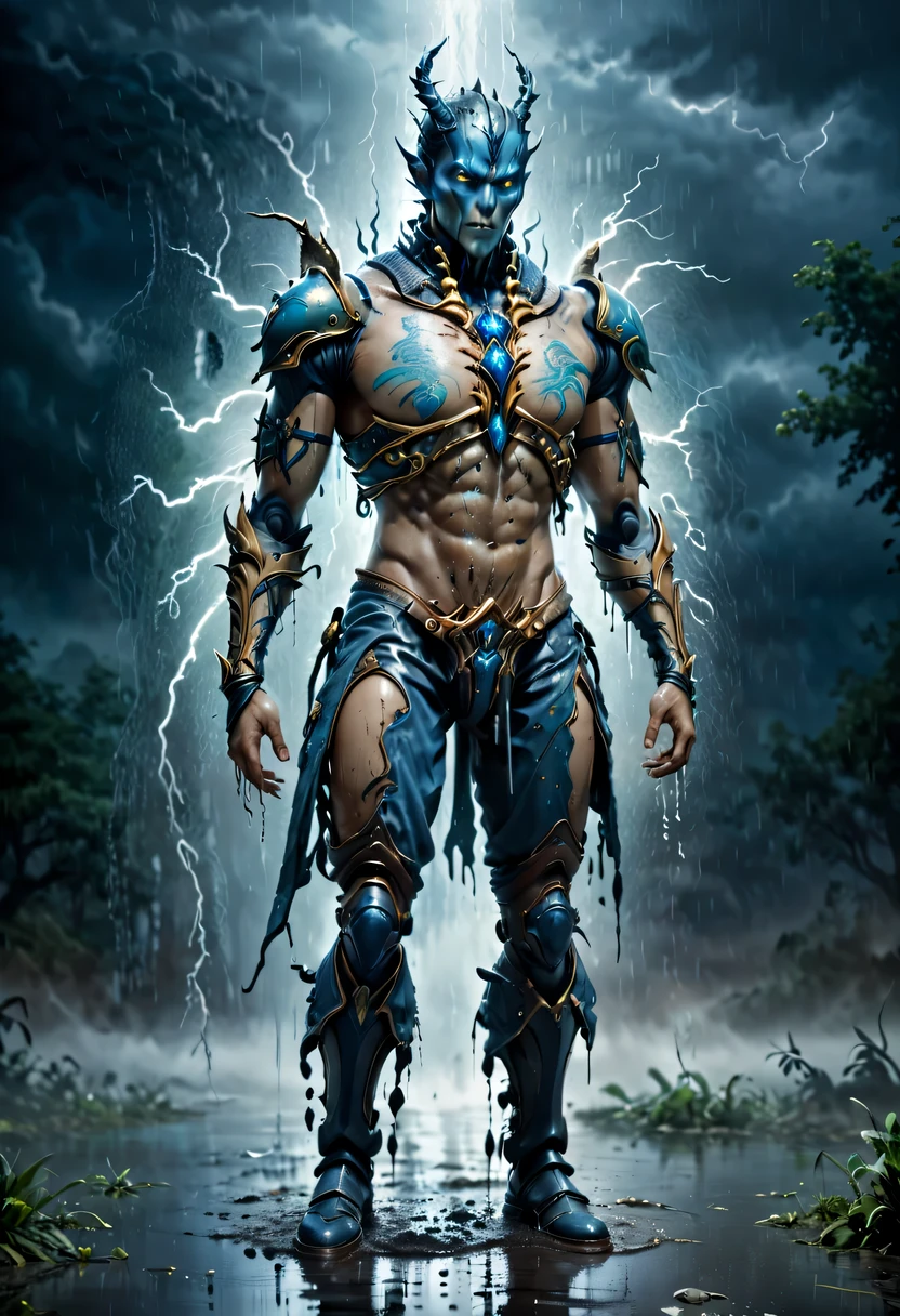photo actual illustration of raziel holding the soul reaver , Put on a neck brace, (Stand in a puddle:1.4) night , (rain:1.2), (storm:1.3), wet, reflection in water , 史诗般的Light, Light, dark fantasy style , high resolution, (Detailed images:1), Crazy details, soft, (actual:1), full color, (3d:1), (Very detailed:1.2), masterpiece, 8K Ultra HD, the art of mathematics, Popular topics on Artstation