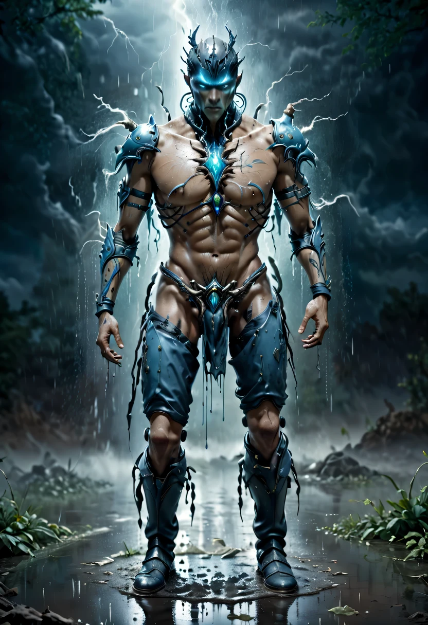 photo actual illustration of raziel holding the soul reaver , Put on a neck brace, (Stand in a puddle:1.4) night , (rain:1.2), (storm:1.3), wet, reflection in water , 史诗般的Light, Light, dark fantasy style , high resolution, (Detailed images:1), Crazy details, soft, (actual:1), full color, (3d:1), (Very detailed:1.2), masterpiece, 8K Ultra HD, the art of mathematics, Popular topics on Artstation