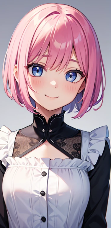 Realistic、1girl、fluorescence pink hair、blue eyes、(eye focus:1.3,face focus:1.3,upper body:1.5),(gradient eyes:1.3),(blouse)、smiley face,(laugh with your mouth wide open:1.3),(happy:1.3),short hair、cute face,portrait,