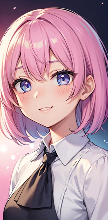 Realistic、1girl、fluorescence pink hair、blue eyes、(eye focus:1.3,face focus:1.3,upper body:1.5),(gradient eyes:1.3),(blouse)、smiley face,(laugh with your mouth wide open:1.3),(happy:1.3),short hair、cute face,portrait,
