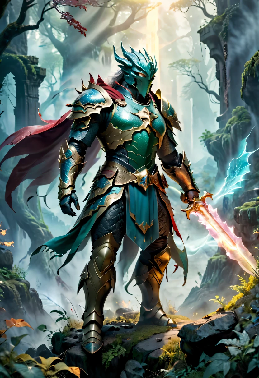 (best quality,4k,high resolution,masterpiece:1.2),actual,heroes in fantasy world,brave warrior,Detailed armor,sharp sword,majestic cape,magic,brave gesture,magical creatures,magic森林,hazy background,magical lights,bright colors,fantastic scenery,dramatic atmosphere,mysterious atmosphere,epic battle场面,ancient ruins,dangerous mission,mythology figure,Mysterious creature,Heroic deeds,dragon slayer,enchanted weapons,powerful,aura of light,sense of adventure,ethereal environment,Extraordinary power,stunning view,An unforgettable journey,final destiny,Legendary heroes,epic battle.