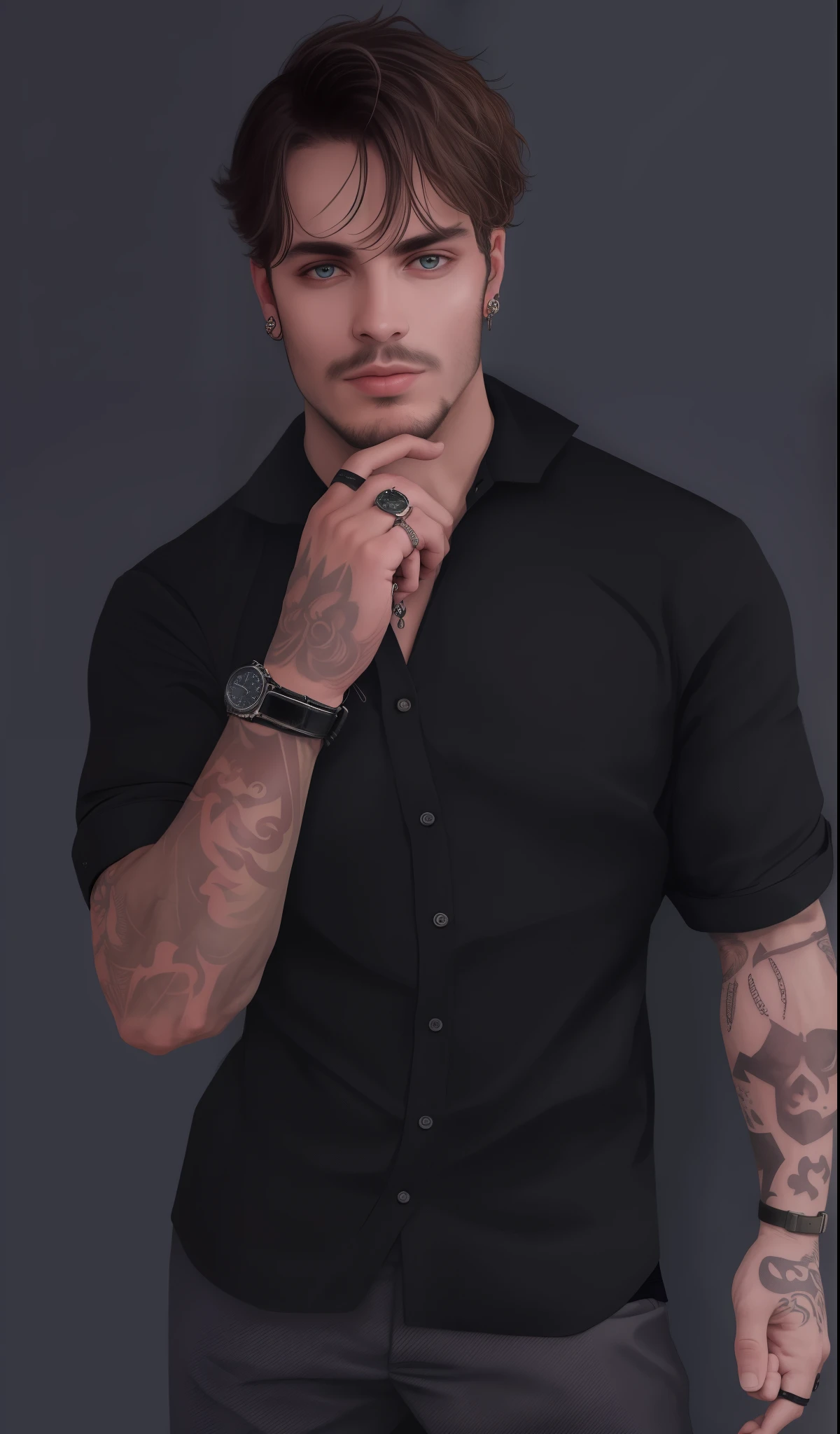 Man with tattoos and a watch on his arm, macho malvado e desonesto, inspirado em Aleksander Gine, inspirado em Ludovit Fulla, inspirado em Jozef Simmler, inspirado em Maximiliano Cercha, inspirado em Vadym Meller, Christian, inspirado em Tadeusz Dominik, ! holding in hand !
