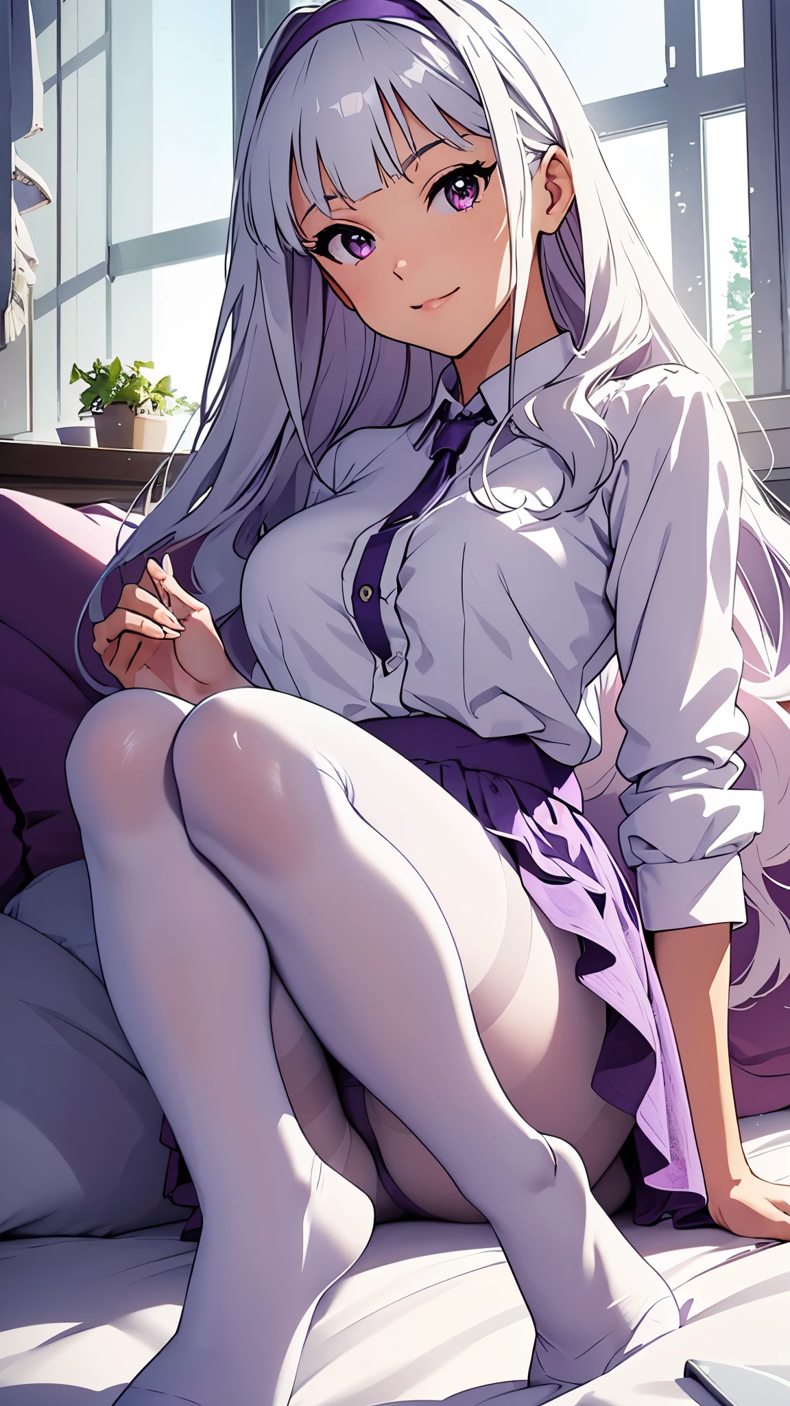 CG, unity, 8k, wallpaper, highest quality, masterpiece, lovely woman, 18-year-old, white hair, white skin, BREAK, white blouse, no shoes, sexy legs, sexy feet, (purple pantyhose:1.3), (Realistic:1.2), sitting on the bed, best lighting, complex pupils, complex textile, detailed background, There is a big window at the back, Beyond the window is a grassland and blue sky, morning, white room