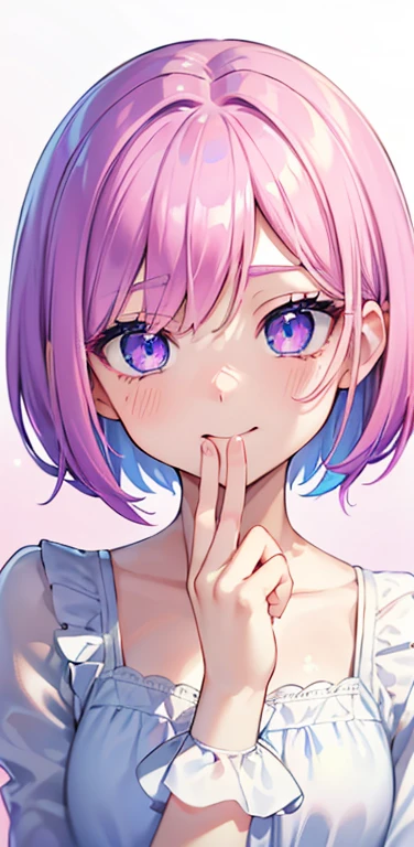 Realistic、1girl、fluorescence pink hair、blue eyes、(eye focus:1.3,face focus:1.3,upper body:1.5),(gradient eyes:1.3),(blouse,No sleeve)、(laugh with your mouth wide open:1.3),(happy:1.3),short hair、cute face,portrait,