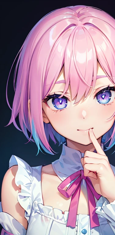 Realistic、1girl、fluorescence pink hair、blue eyes、(eye focus:1.3,face focus:1.3,upper body:1.5),(gradient eyes:1.3),(blouse,No sleeve)、(laugh with your mouth wide open:1.3),(happy:1.3),short hair、cute face,portrait,