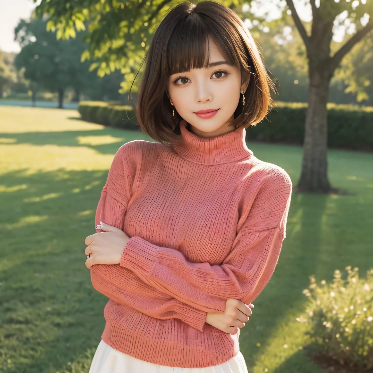 (highest quality、table top、8k、best image quality、Award-winning work)、one beautiful woman、25 years old、(alone:1.1)、perfect beautiful composition、(big and full breasts:1.1)、(Perfectly fitted tight bright knit sweater:1.2)、(Very tight bright knit that fits perfectly:1.2)、(The tightest knit:1.2)、(very short bob:1.1)、(bangs:1.1)、(emphasize body line:1.2)、(Perfect bright turtleneck knit sweater:1.2)、(elegant melton skirt:1.2)、(Skirt without folds:1.1)、(full body photo:1.1)、look at me and smile、(blurred background:1.1)、(Strongly blurred accurate city park background:1.1)、stand gracefully、droopy eyes、natural makeup、Ultra high definition beauty face、ultra high definition hair、Super high-definition sparkling eyes、(Super high-definition sparkling pure white skin:1.2)、Super high resolution glossy lips、accurate anatomy、(very bright and vivid:1.2)