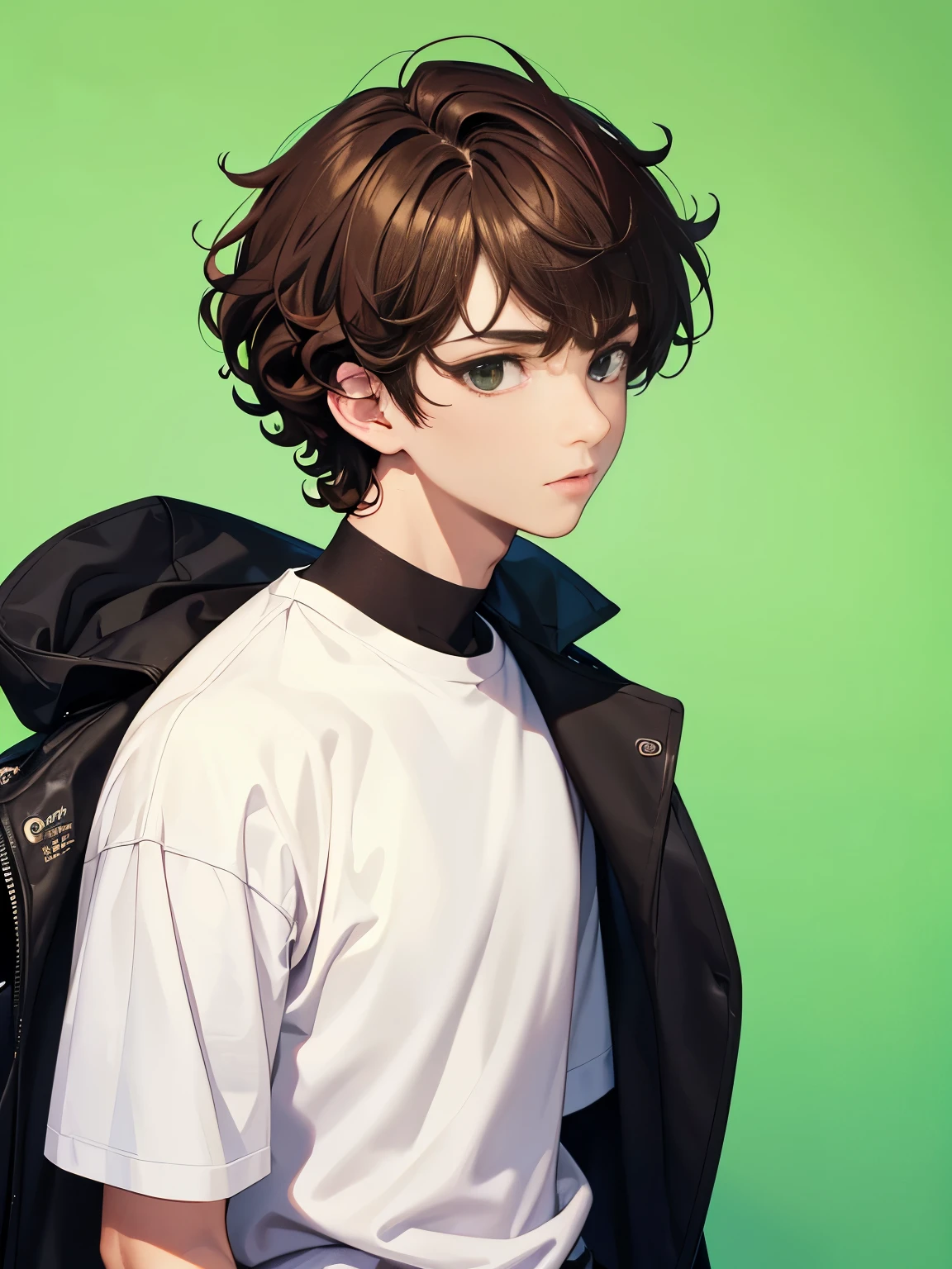 1boy,guy,Stand,Facing right, camera angle from the side,green screen background,18 years old,Curly hair,medium hair,undercut hairstyle,brown hair, white t-shirt,black trousers,ultra detail, perfect face, hd face, detailed face, masterpiece