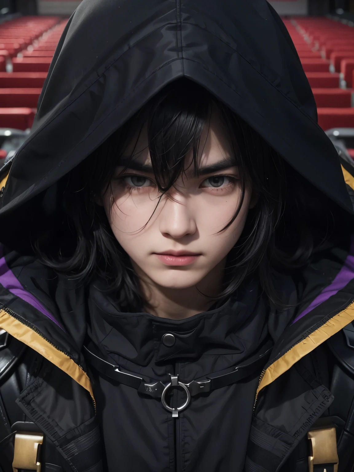 Adapt this character into real life, black haired man, handsome, cool expression, realistic, adapt the clothes to be as realistic as possible,realistic light, realistic shadows, realistic background, good image quality, very good image results, 4k, ultra detailed, realistic