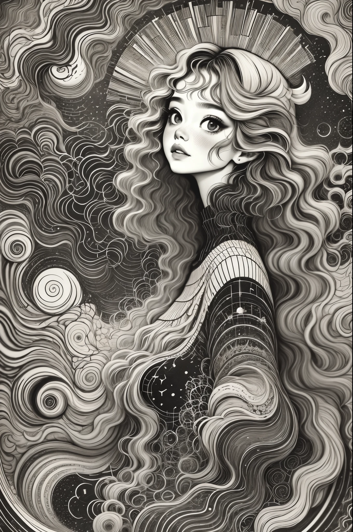 (masterpiece、top quality、top quality、water彩畫(curly)、official art、beautiful:1.2)、(1 girl in:1.3)、(Fractal art:1.3)、upper part of body、View from the side、looking at the audience、pattern、(Colored hair、half blonde,Half of the hair is silver:1.2)、water、Milky Way:1.37,liquid、Cloud、Very colorful、starry sky、stele、tarot cards,Elf,lipstick,ruddy complexion,purple eyes,dream:1.37