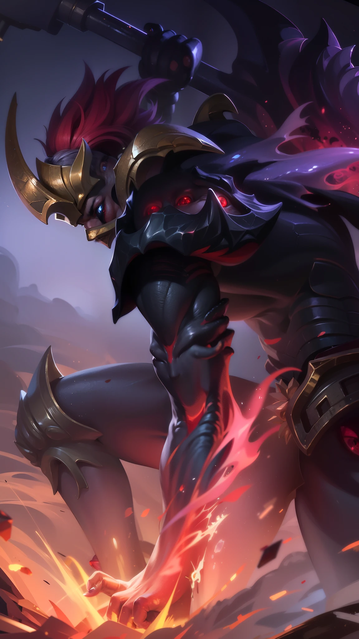 masculine male, masterpiece, ((perfect eyes)) best quality, (semirealism:1.9), beautiful lighting, (extremely detailed CG unity 4k fhd wallpaper), High Detail, Sharp focus, dramatic outdoors, white short hair, Boy with two big horns, big earrings on ears, elf ear, red eyes, Thick eyebrows, evil smile, grinning, red body, black face, Burning skin, yellow diamonds glistening on chest, burning red skin, golden robe behind, big white belt, 8k, realistic, scary, strong red eye glow (red eye:1.2).