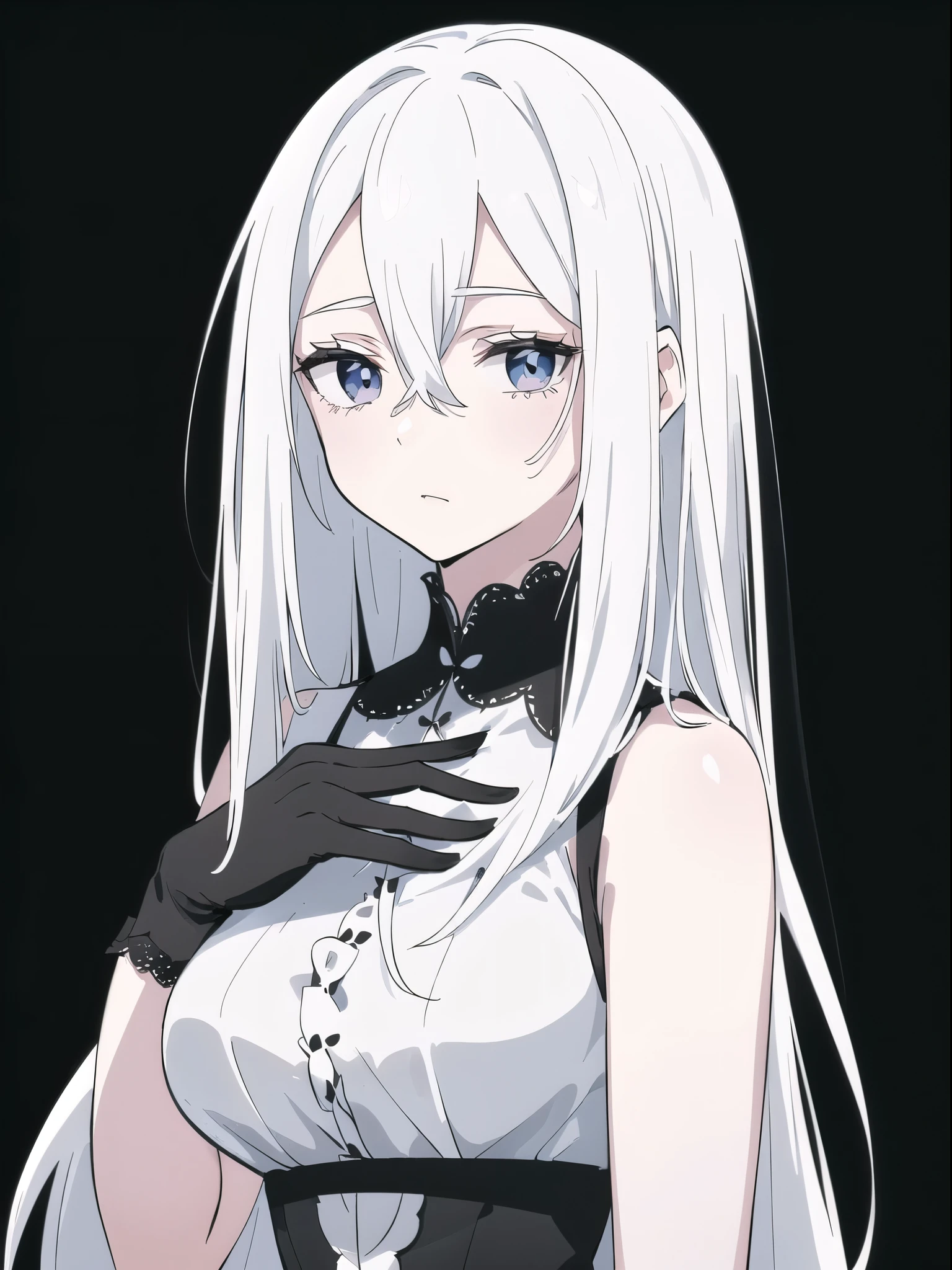 ((White hair)),((Head and Shoulders Image)),Sexy,A person,Alone,Simple style,pancake ,Simple details,Black background,Empty background,Black background wall,(20 year old woman),(Droopy hair),(White Gloves),(Evening Gown),(Lace Shirt),Lace,(confidence)