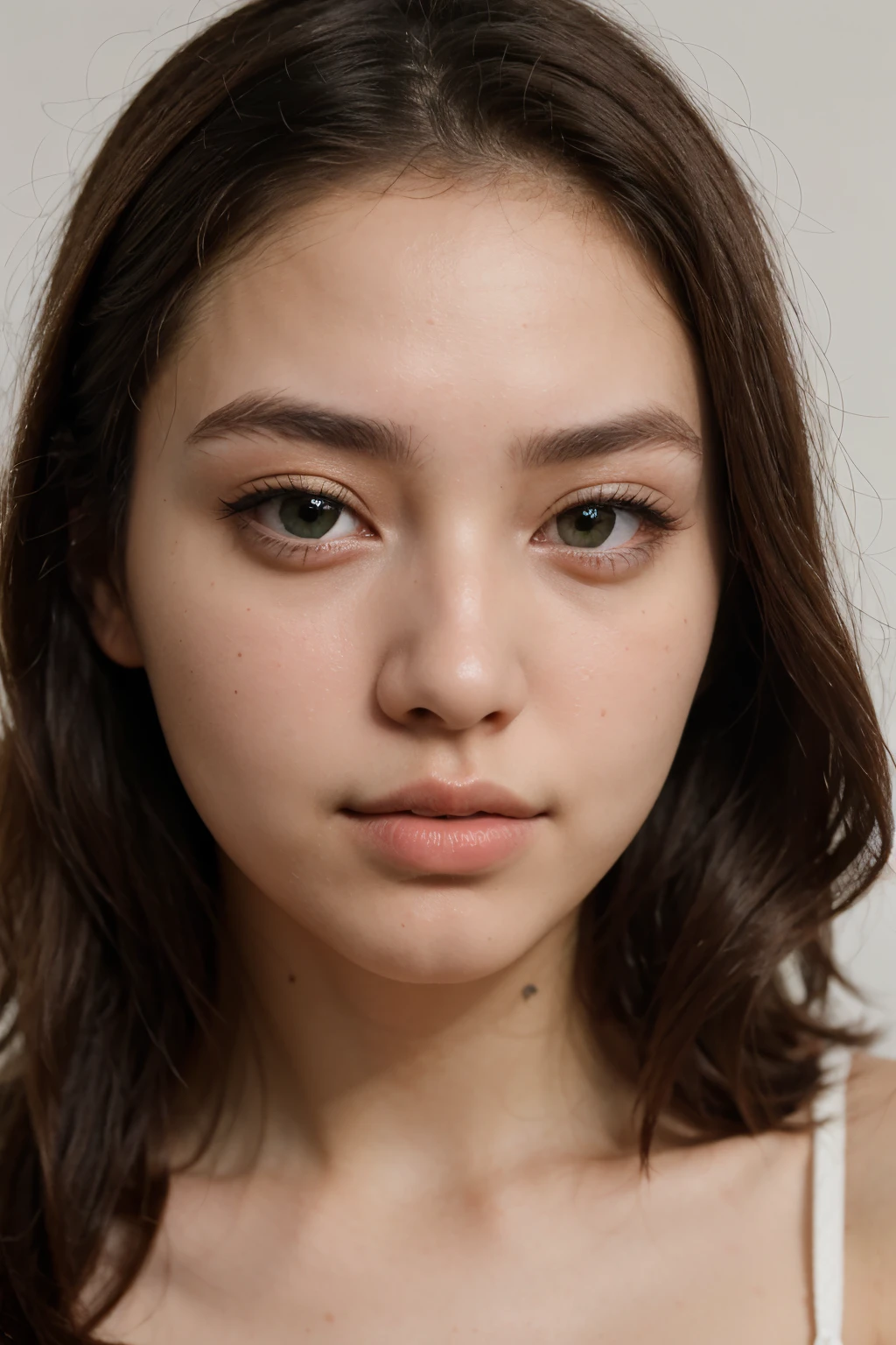 ((best quality)), ((masterpiece)), (detailed), perfect face, korean 21 year old brunette girl with small nose, with brown-green eyes, with middle-size lips, portrait photo on white background