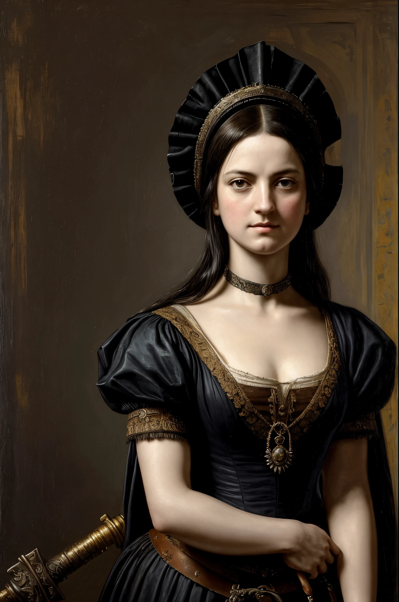 Looks like Elisabeth Moss, A Spanish soldier in a conquistador outfit stands proudly, her slender frame almost gaunt beneath the medieval aesthetics of the day. With shoulder-length black hair cascading down her back, she wields a sword and shield while a sinister smile plays on her lips. Her piercing purple eyes reveal a depth of field that is both sharp and highly detailed, capturing the intricate details of her sharp facial features. With sunken eyes and a scar over her left cheek, she eschews a helmet or hat, allowing her jet black hair to frame her face in baroque style. Her rage is palpable in her angry, ragged eyes as if ready for battle. This detailed oil painting, infused with Glazing, Tenebrism, and scumbling techniques, recalls the masterpieces of Rembrandt and Artemisia Gentileschi.