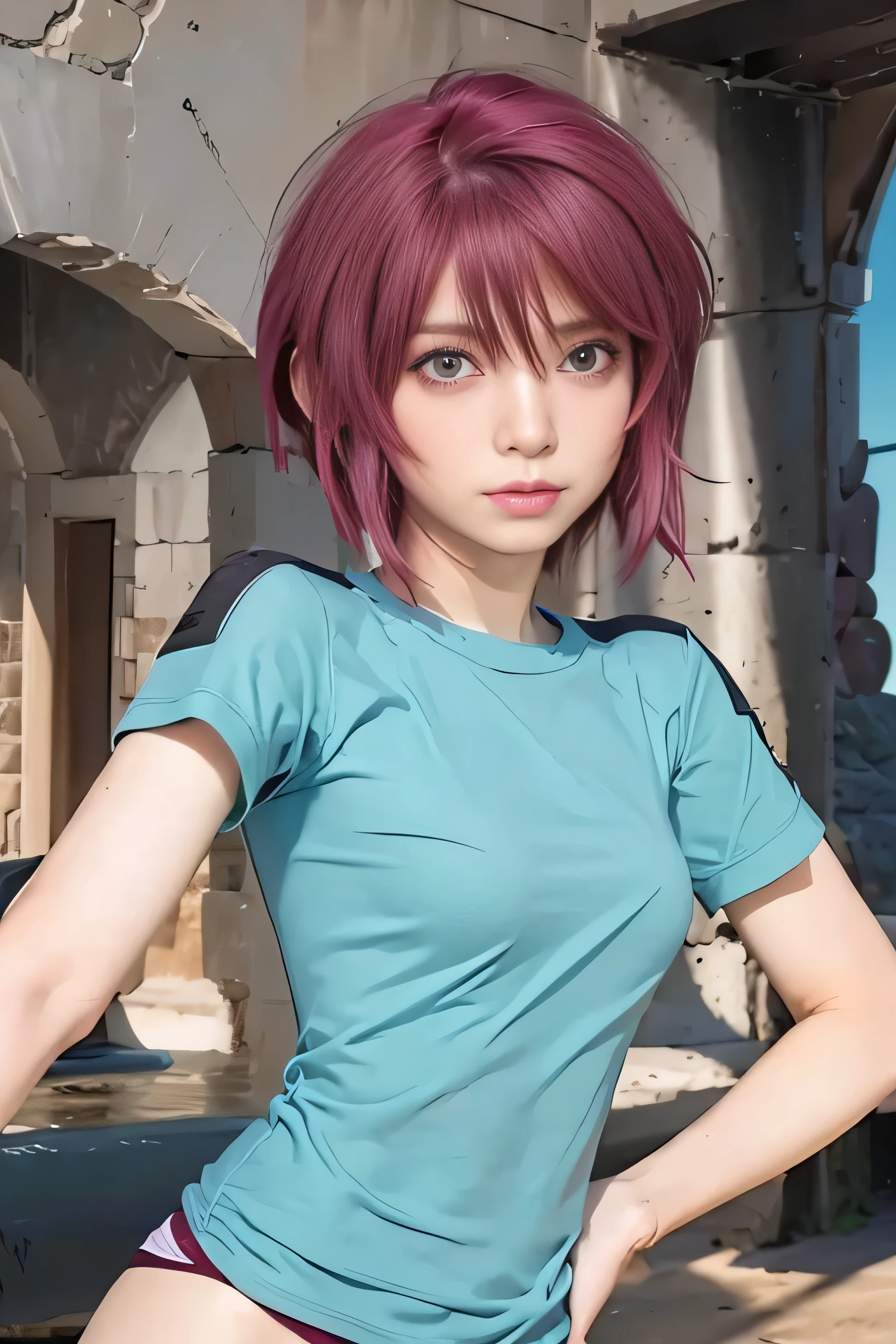 masterpiece, best quality, (realistic,photo-realistic:1.4), (RAW photo:1.2), extremely detailed CG unity 8k wallpaper, delicate and beautiful, amazing,finely detail, official art, absurdres, incredibly absurdres, huge filesize, ultra-detailed,extremely detailed eyes and face,light on face,lunamaria hawke,(little smile),(magenta hair:1.4),(short hair:1.6),(wearing cyan t-shirt :1.5),(desert background:1.5)