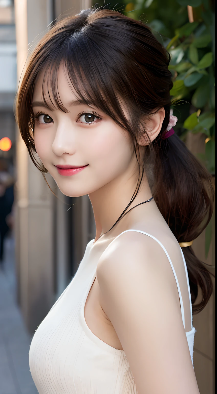 masutepiece, Best Quality, Illustration, Ultra-detailed, finely detail, hight resolution, 8K Wallpaper, Perfect dynamic composition, Beautiful detailed eyes, Women's Fashion Summer,Ponytail hair,Small breasts natural color lip, Bold sexy poses,Smile,Harajuku、20 years girl、Cute、Sexy shot looking at camera