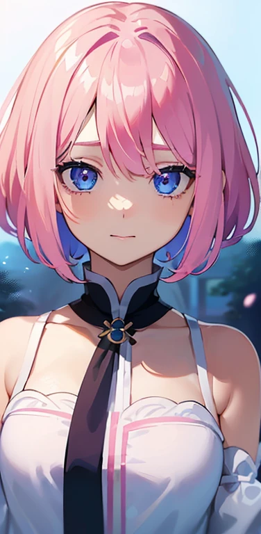 Realistic、1girl、fluorescence　pink hair、blue eyes、(eye focus:1.3,face focus:1.3,upper body:1.5),(gradient eyes:1.3),(blouse,No sleeve)、(口を大きく開けて笑う:1.3),(happy:1.3),short hair、cute face,portrait,
