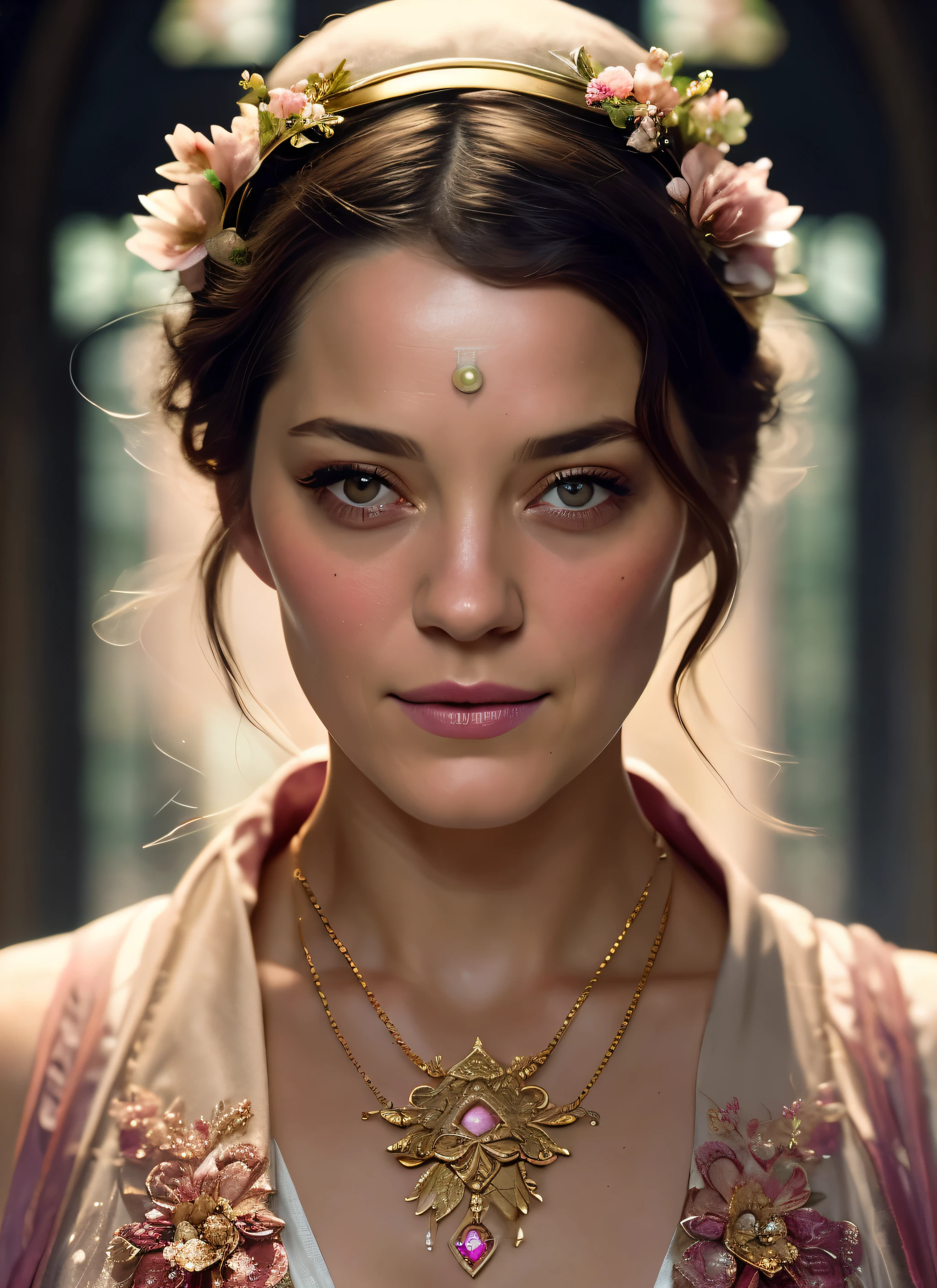 Looks like Marion Cotillard, (symmetry:1.1) (portrait of floral:1.05) a woman as a beautiful goddess, (assassins creed style:0.8), pink and gold and opal color scheme, beautiful intricate filegrid facepaint, intricate, elegant, highly detailed, digital painting, artstation, concept art, smooth, sharp focus, illustration, art by greg rutkowski and alphonse mucha, 8k