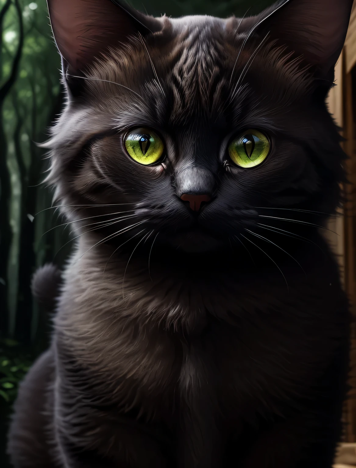 8k, high resolution, best quality, high detail, masterpiece, (Detailed face), (Detailed hair), soft light, go through , (Cat,黑色加白色Cat,琥珀色眼睛的Cat,长毛Cat,Flower sea decoration,forest background,Background decoration green main color,戴着金花头饰的Cat,domineering,