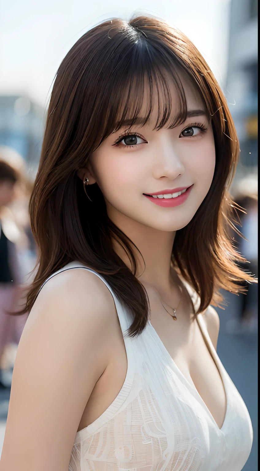 masutepiece, Best Quality, Illustration, Ultra-detailed, finely detail, hight resolution, 8K Wallpaper, Perfect dynamic composition, Beautiful detailed eyes, Women's Fashion Summer,Medium Hair,Small natural color lip, Bold sexy po,Smile,Harajuku、20 years girl、Cute、Sexy shot king at camera