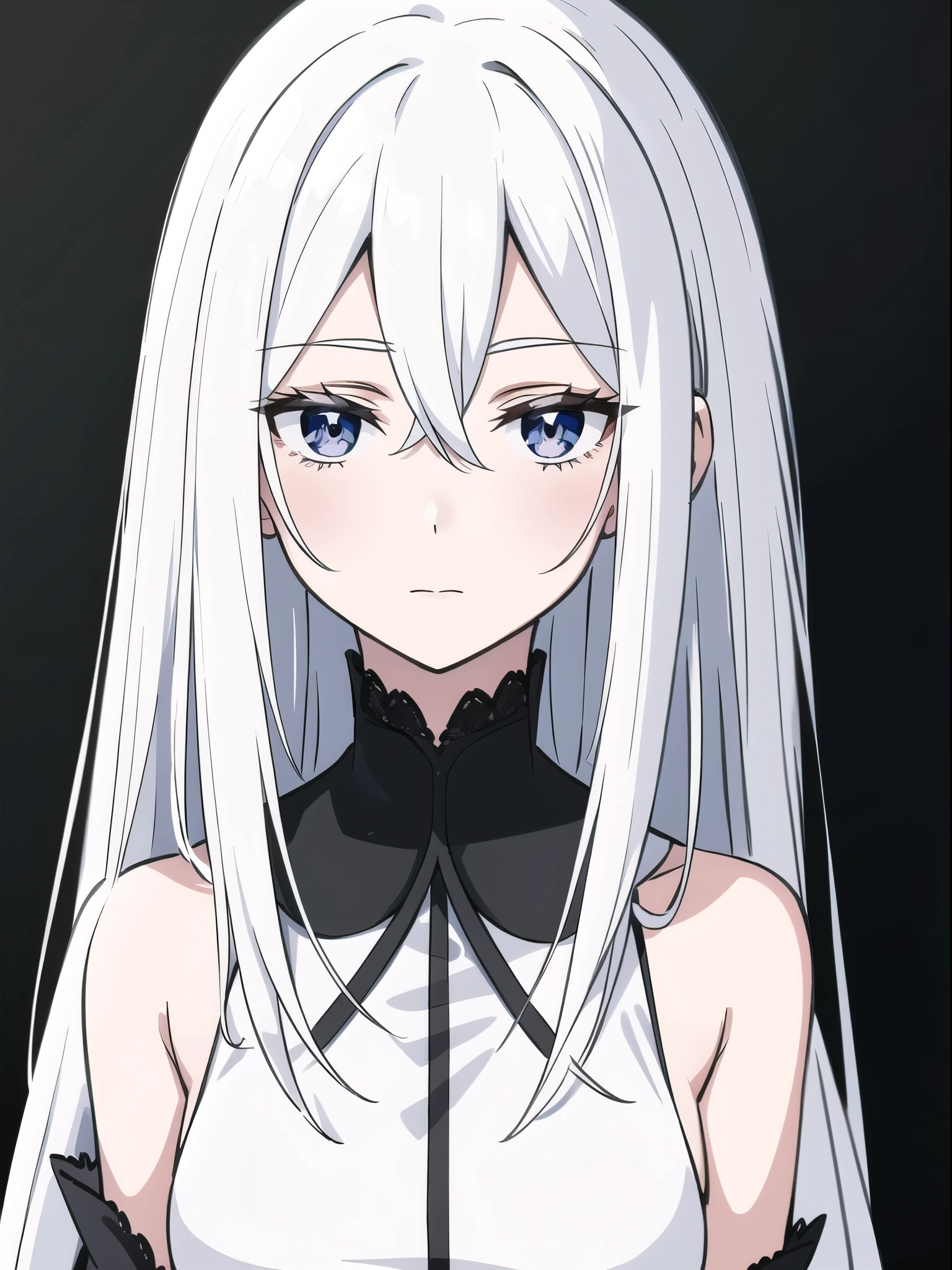 ((White hair)),((Head and Shoulders Image)),Sexy,A person,Alone,Simple style,pancake ,Simple details,Black background,Empty background,Black background wall,(20 year old woman),(Droopy hair),(White Gloves),(Evening Gown),(Lace Shirt),Lace,(confidence)