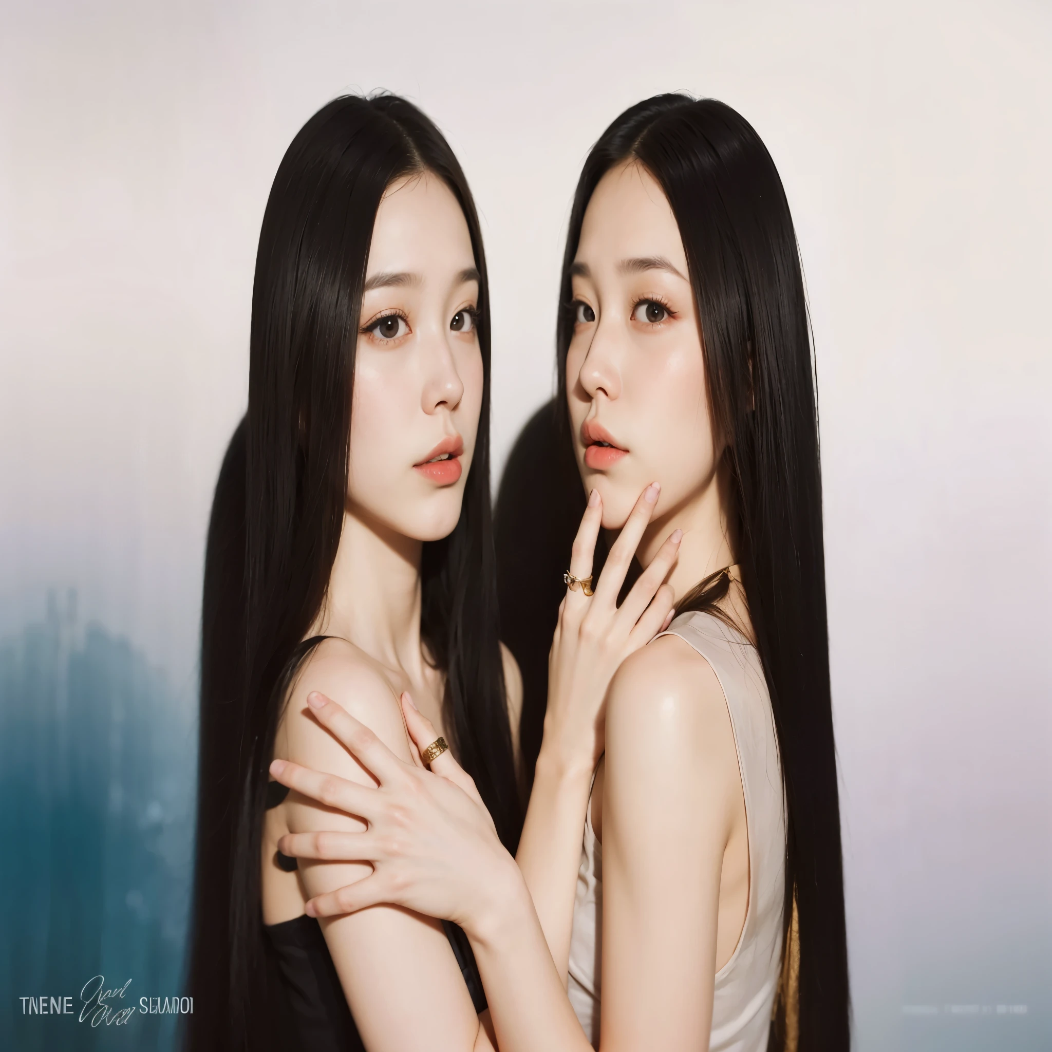 Two Asian women with long black hair and red lipstick posing for a photo., inspired por Wang Duo, ambos tienen labios rojos, beautiful gemini mellizos portrait, perfume, Gongbi, beautiful gemini mellizos, Jingna Zhang, mellizos, beautiful sci - fi mellizos, con hiedra, choi, con un gemelo, glossy magazine photo shoot, terciopelo rojo, yan, jia, por Wang Duo