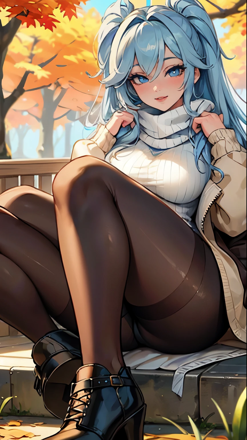 Masterpiece, raw, beautiful art, professional artist, 8k, art style by sciamano240, very detailed face, very detailed hair, perfectly drawn body, beautiful face, long light blue hair , hair tide up, very detailed blue eyes , rosey cheeks, intricate details in eyes, joyful smile , relaxed expression, lipstick, very close up on face, sunny fall day, outside walking , wearing a white sweater, scarf, jacket, booty shorts, pantyhose, (ankle boots 1.1) ,