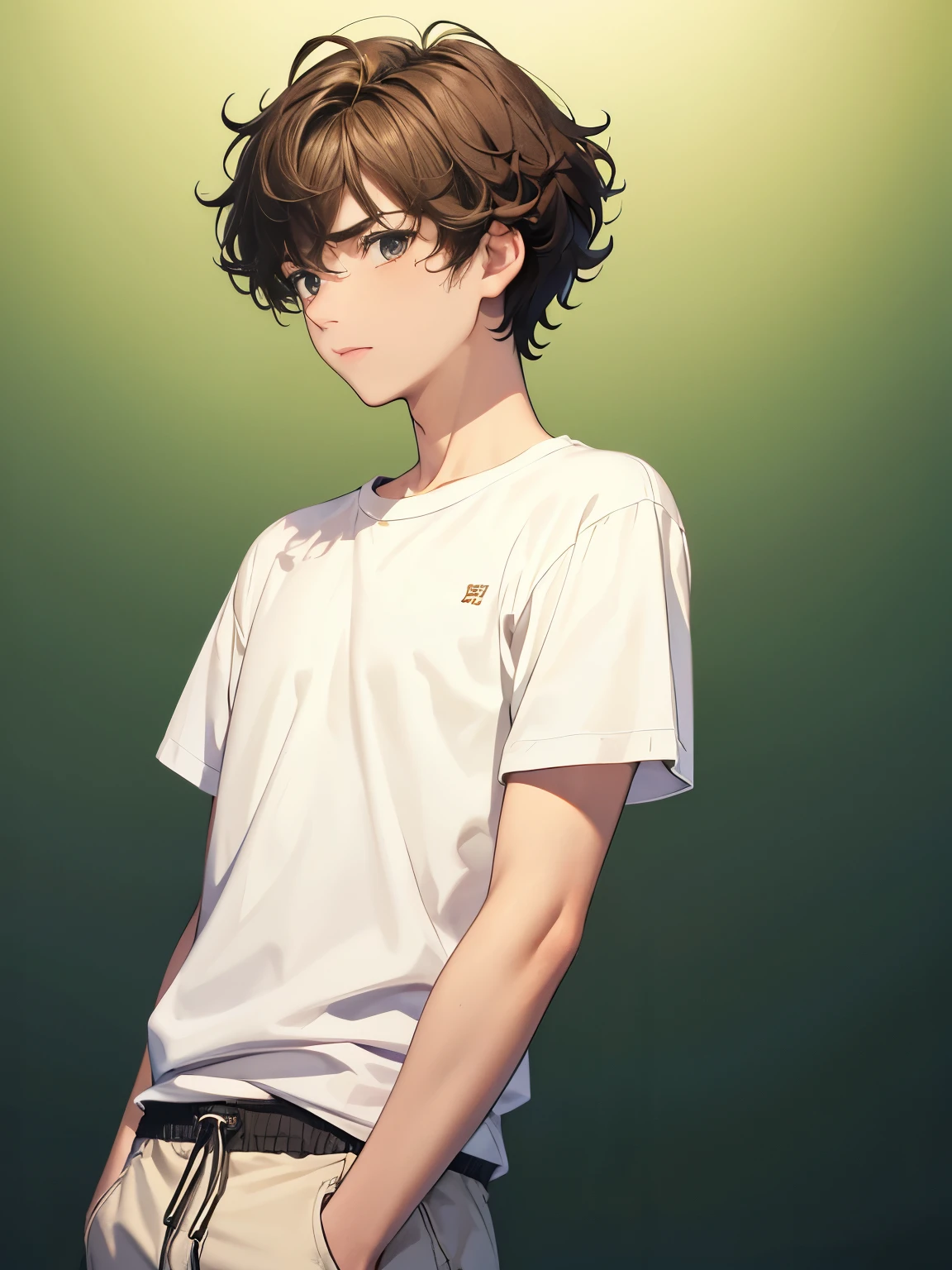 1boy,guy,Stand,Facing right, camera angle from the side,Facing sideways,green screen background,18 years old,Curly hair,medium hair,undercut hairstyle,light brown hair,Plain t-shirt, white t-shirt,black trousers,ultra detail, perfect face, hd face, detailed face, masterpiece