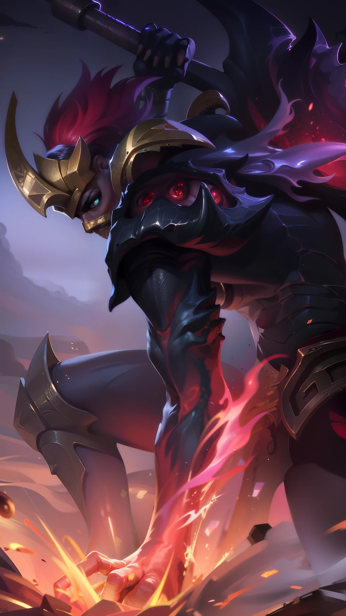 masculine male, masterpiece, ((perfect eyes)) best quality, (semirealism:1.9), beautiful lighting, (extremely detailed CG unity 4k fhd wallpaper), High Detail, Sharp focus, dramatic outdoors, white short hair, Boy with two big horns, big earrings on ears, elf ear, red eyes, Thick eyebrows, evil smile, grinning, red body, black face, Burning skin, yellow diamonds glistening on chest, burning red skin, golden robe behind, big white belt, 8k, realistic, scary, strong red eye glow (red eye:1.2).