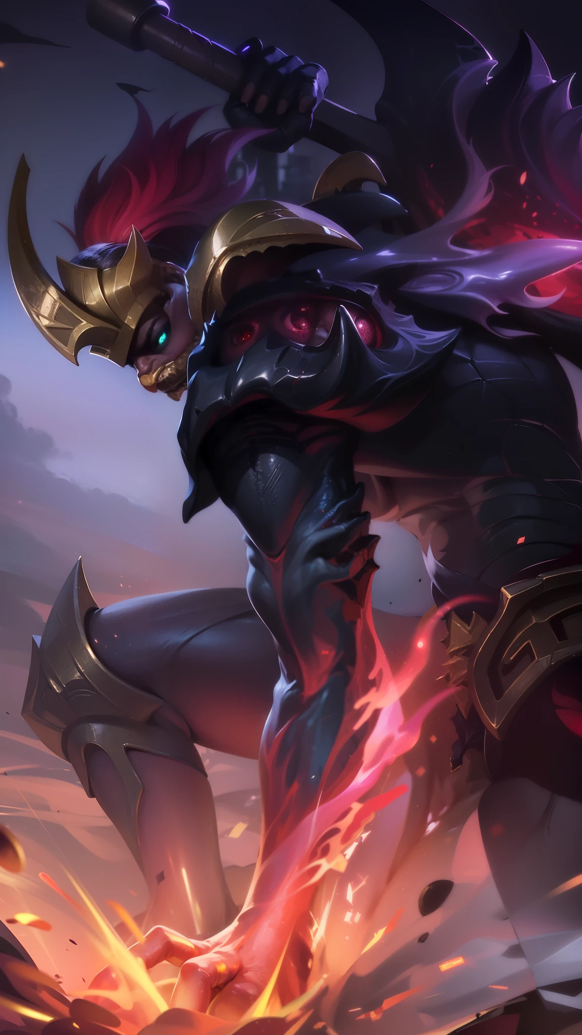 masculine male, masterpiece, ((perfect eyes)) best quality, (semirealism:1.9), beautiful lighting, (extremely detailed CG unity 4k fhd wallpaper), High Detail, Sharp focus, dramatic outdoors, white short hair, Boy with two big horns, big earrings on ears, elf ear, red eyes, Thick eyebrows, evil smile, grinning, red body, black face, Burning skin, yellow diamonds glistening on chest, burning red skin, golden robe behind, big white belt, 8k, realistic, scary, strong red eye glow (red eye:1.2).