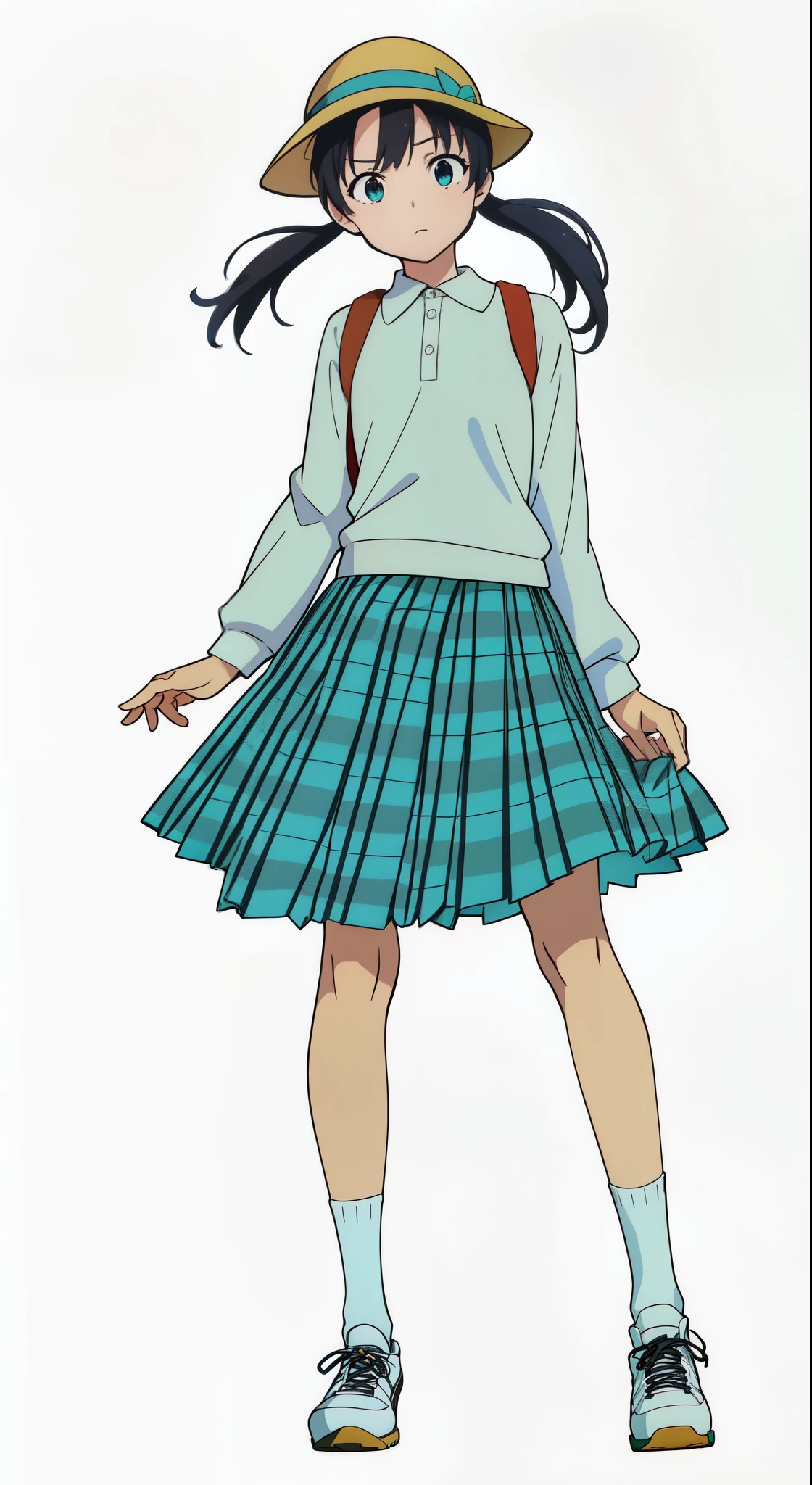 (white background:1.0), (best quality:1.0), (masterpiece:1.0), (super fine illustration:1.0), (beautiful artwork:1.0), (anime screencap:1.0), (official art:1.0), (full body:1.0), (solo:1.0), (ESGA:1.0), (a 12yo cute girl:1.25), (yellow hat:1.25), (red backpack:1.0), (long skirt:1.5), (green tartan skirt:1.0), (pleated skirt:1.0), (aqua blue polo shirt:1.0), (long sleeve polo shirt:1.0), (sneakers:1.0), (white socks:1.25), (ideal ratio body proportions:1.25), (lanky:1.25), (tall:1.25), (slender:1.25), (small breasts:1.25), (smaller face:1.25), (tareme:1.5), (detailed beautiful eyes:1.25), (detailed beautiful face:1.25), (glowing black eyes:1.0), (short hair:1.0), (low twintails:1.25), (black hair:1.0), (looking at viewer:1.25)