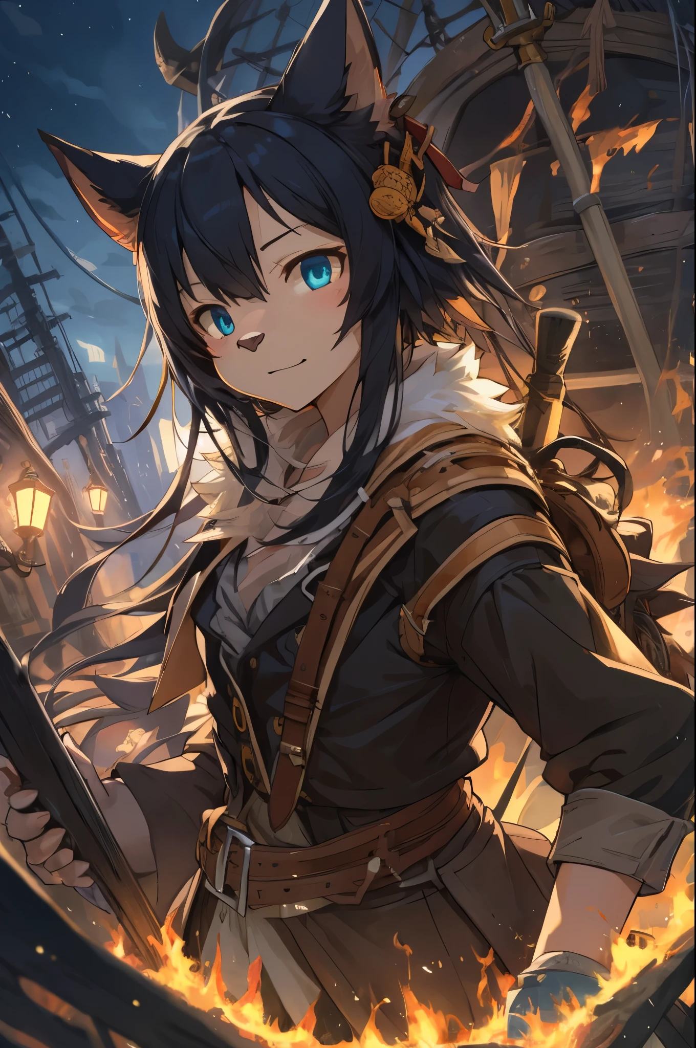 top quality, best quality, High-quality illustrations, masterpiece, super high resolution, detailed background, Hospitals with power outages, Spooky creatures, Pirate Ship, a pirate, 6+boys, 6+girls, absurdres(highly detailed beautiful face and eyes)perfect anatomy, expression, good lighting, cinematic shadow(kemono, furry anthro),