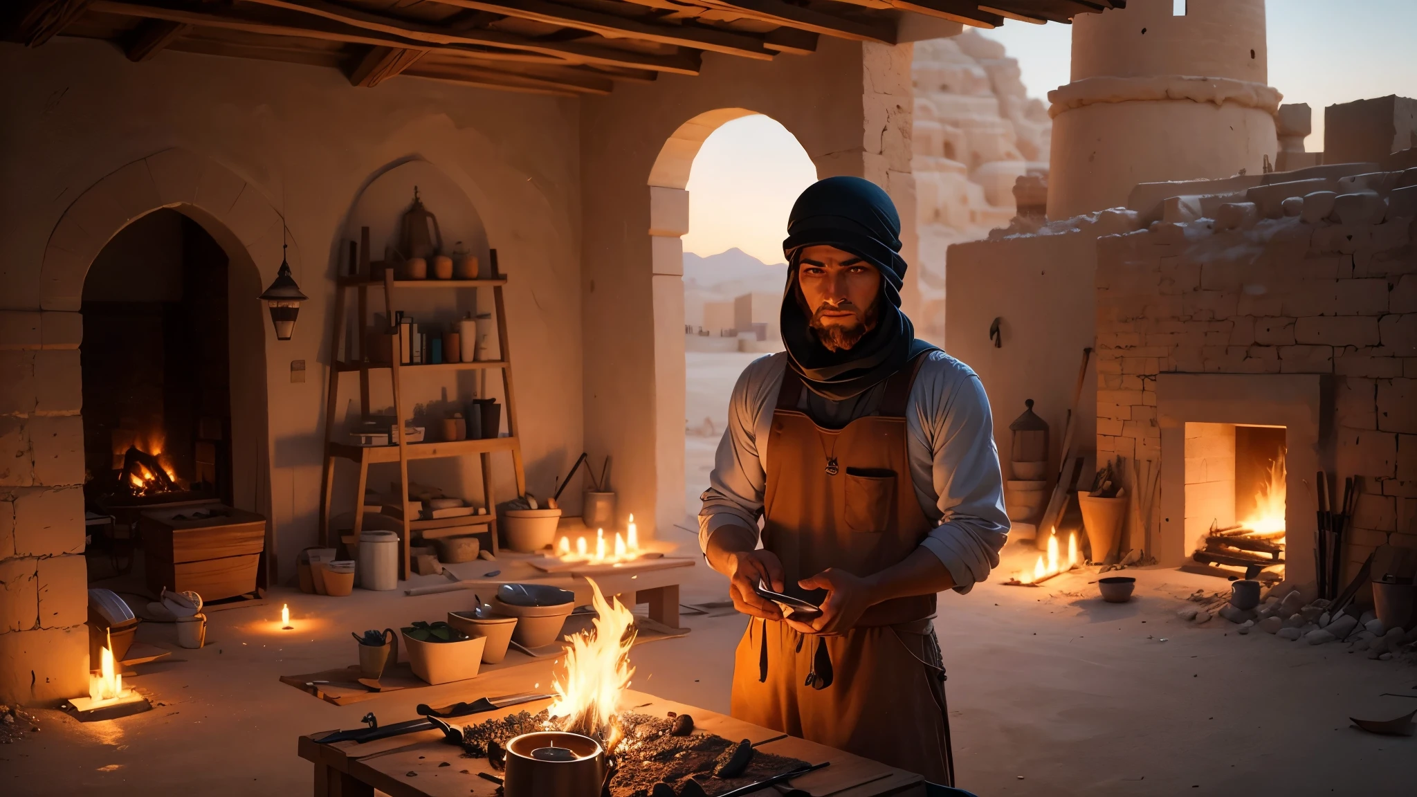 A young muslim craftsman works at his forge, in an arabic village in the desert