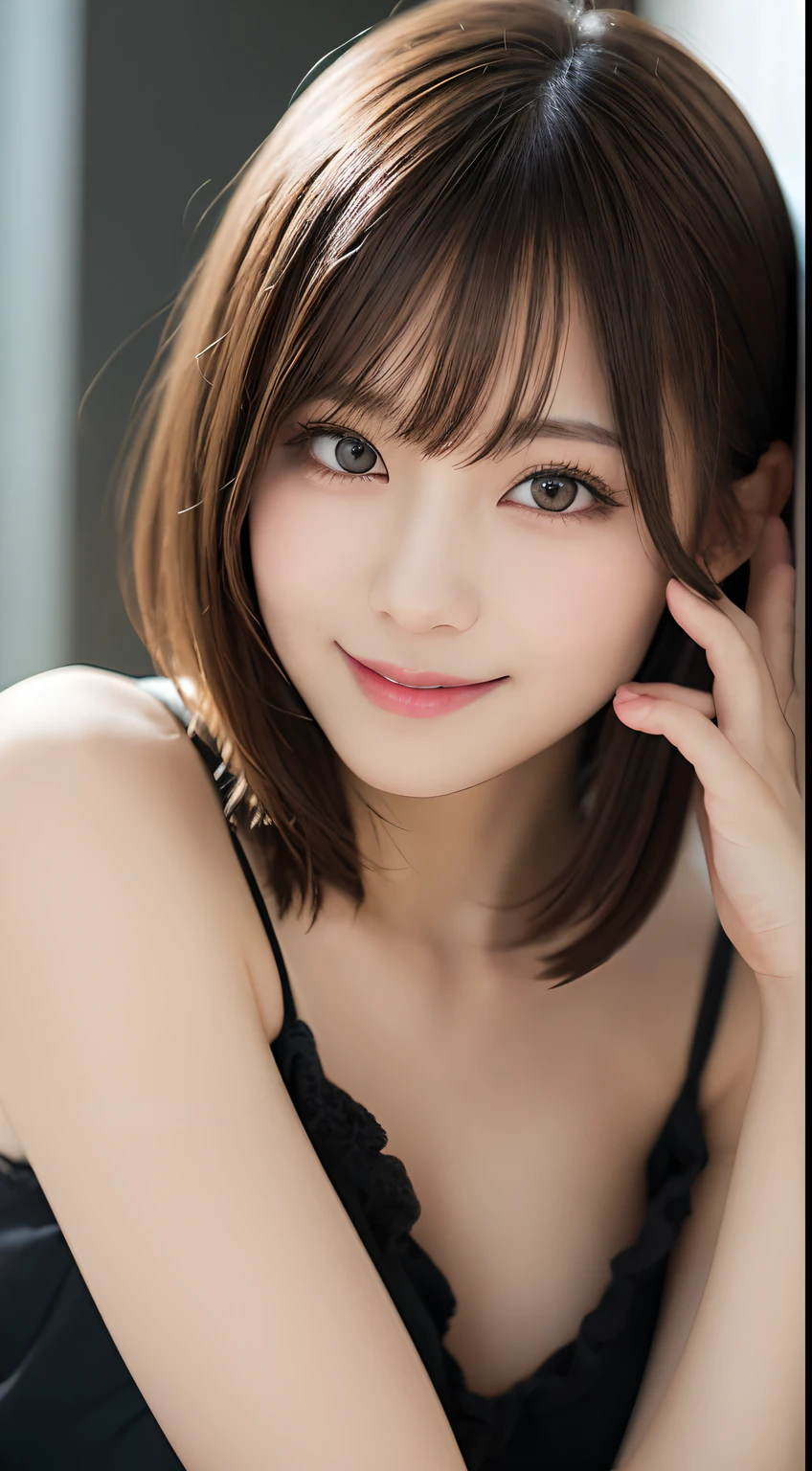 masutepiece, Best Quality, Illustration, Ultra-detailed, finely detail, hight resolution, 8K Wallpaper, Perfect dynamic composition, Beautiful detailed eyes,Short bob hair,Small breasts natural color lip, Bold sexy poses,Smile,Shibuya、20 years girl、Cute、Subject looking at sexy pose on camera,Gravure Model Pose