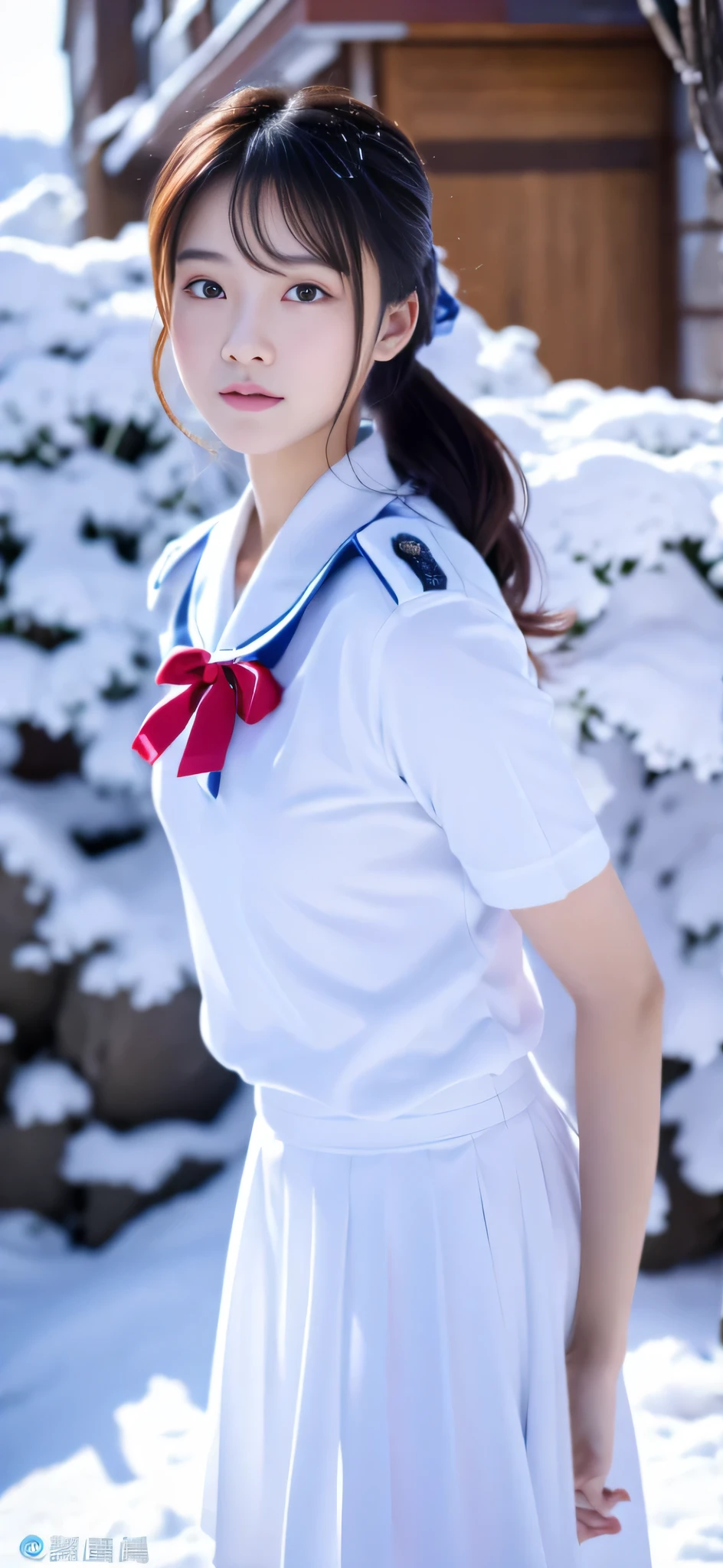 genuine、８ｋ、Close-up of a person in uniform standing in the snow, girl in uniform, JK uniform, Dilraba Dilmurat, gorgeous chinese model, Summer all over the body, Chen Xintong, Works that influenced Chen Yifei, The background is just snow, Li Zixin, girl of the alps, Yanjun Cento, Inspired by Ma Yuanyu