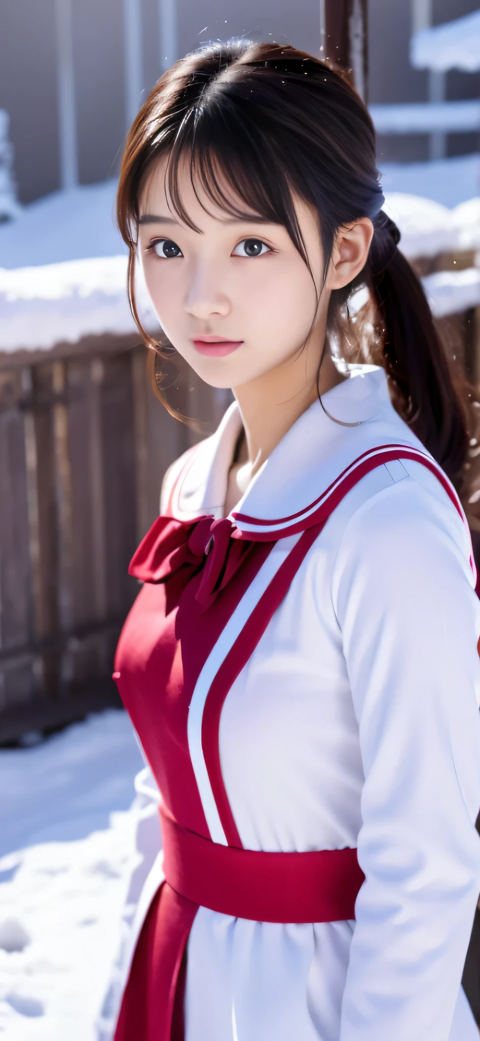 genuine、８ｋ、Close-up of a person in uniform standing in the snow, girl in uniform, JK uniform, Dilraba Dilmurat, gorgeous chinese model, Summer all over the body, Chen Xintong, Works that influenced Chen Yifei, The background is just snow, Li Zixin, girl of the alps, Yanjun Cento, Inspired by Ma Yuanyu