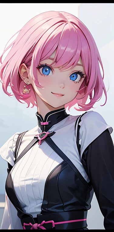 Realistic、1girl、fluorescence　pink hair、blue eyes、(eye focus:1.3,face focus:1.3,upper body:1.5),(gradient eyes:1.3),(blouse,No sleeve:1.3)、(口を開けて笑う:1.3),(seductive smile:1.3),short hair、cute face,portrait,
