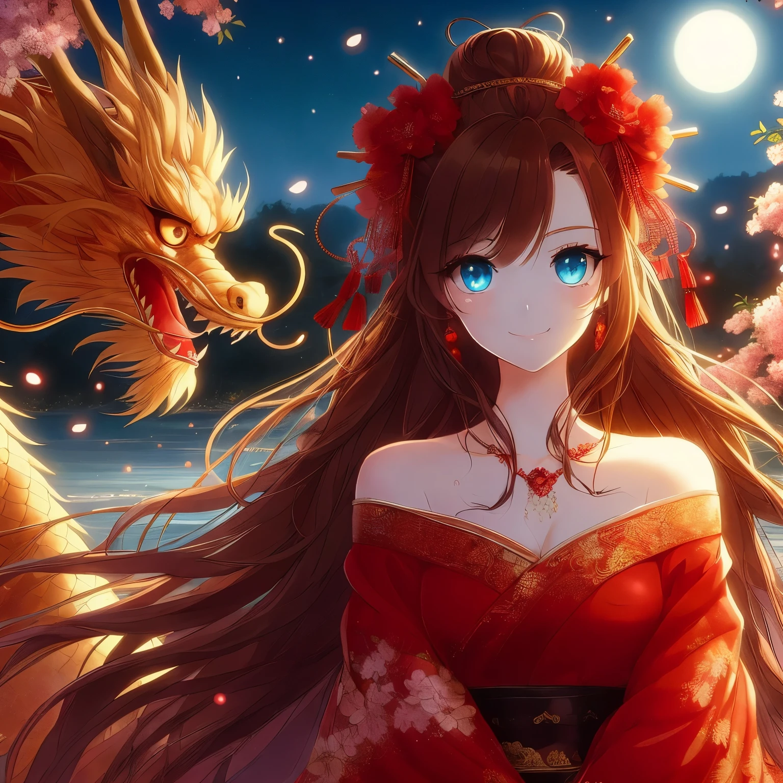 anime girl,long hair,red dress,There is a dragon next to it, anime style 4k, anime art wallpaper 4k, Anime Art Wallpaper 4k, anime art wallpaper 8k, anime wallpaper 4k, anime wallpaper 4k, Beautiful anime girl, 4k anime wallpaper, Beautiful anime woman, Beautiful anime, Beautiful anime style, Beautiful fantasy anime, HD anime wallpaper