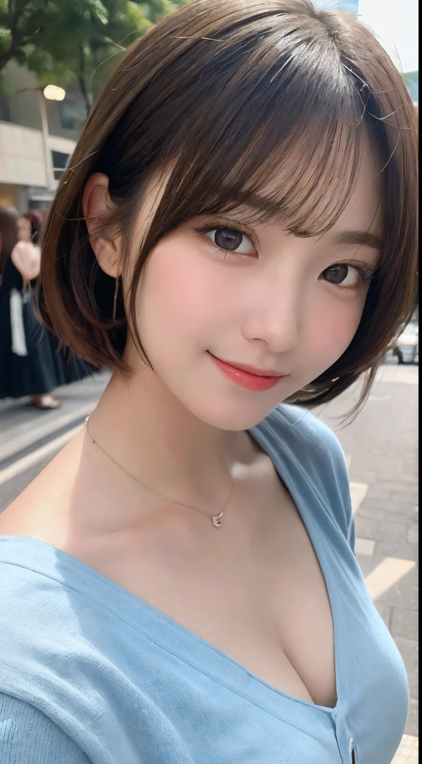 masutepiece, Best Quality, Illustration, Ultra-detailed, finely detail, hight resolution, 8K Wallpaper, Perfect dynamic composition, Beautiful detailed eyes, Women's Fashion Summer,Medium Hair,Small breasts natural color lip, Bold sexy poses,Smile,Harajuku、20 years girl、Cute、Sexy shot looking at camera