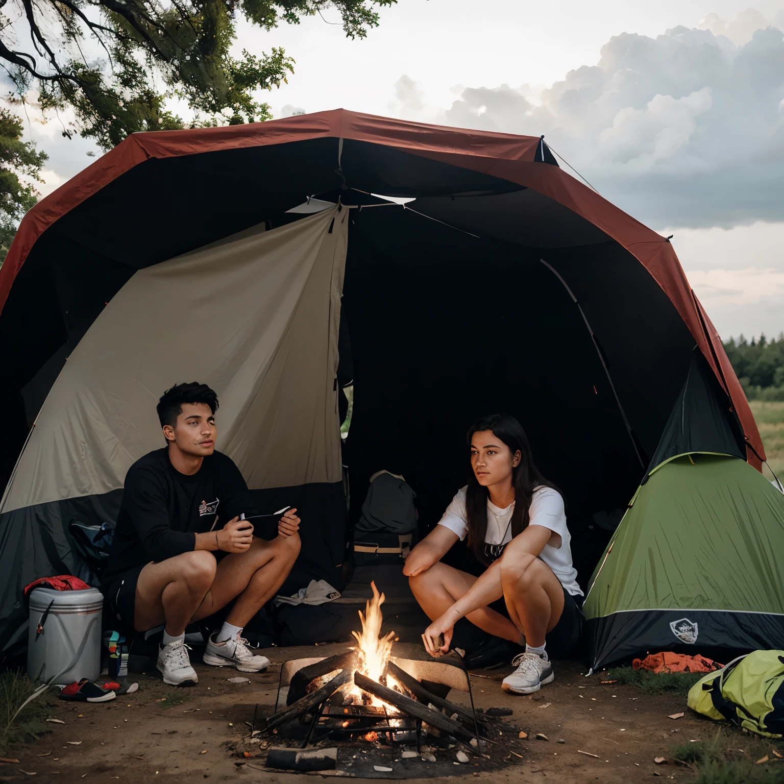A young man and his girlfriend are camping in the woods near a fire .. The weather is cloudy