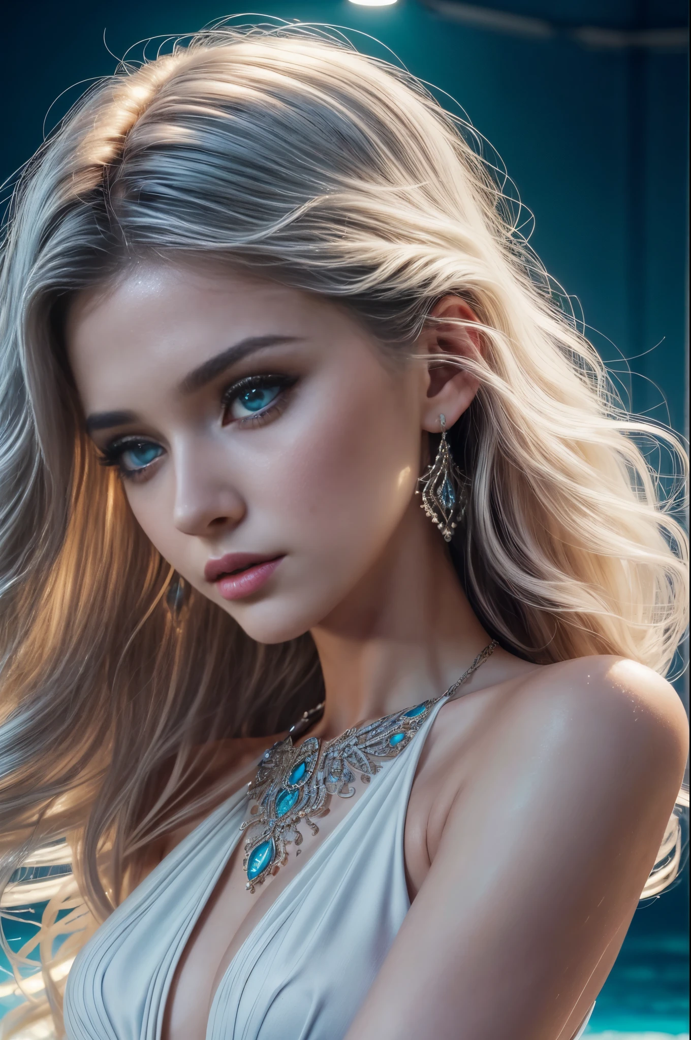 (full body shot:1.5), photo taken from the side behind, ultra detailed beautiful woman, 18 years-old woman, stunningly beautiful, (extremely intricate:1.3), (photorealistic:1.4), hyper-detailed white wet sheer outfit, (sensual pose), (lewd face), sexy lips, waifu, small breasts, flat chest, shyness, thighgap, beautifull, cute, pretty, perfectly proportion body, perfect framing, (her whole body is visible with hair:1.6), blue jewel necklace, earrings, blue eyeshadow visible on her eyelids and eyeliner on her eyes, very long eyelashes, stuningly beautiful face, focus on face, holographic, light particles, ultra detailed photo, high definition, very bold and vivid colors, 32k resolution, best quality, volumetric lighting, "best quality", "masterpiece", supermodel face, detailed face, pale white skin, [[freckles skin]], (((white wavy hair))), ultra realistic, high-quality detail, cover art, moody,  zoom out, depth of field, art station, (luminism), (((cinematic lighting))), orange and teal, soft light, [summer weather: sunset weather:2.5] 4k resolution, octane render,