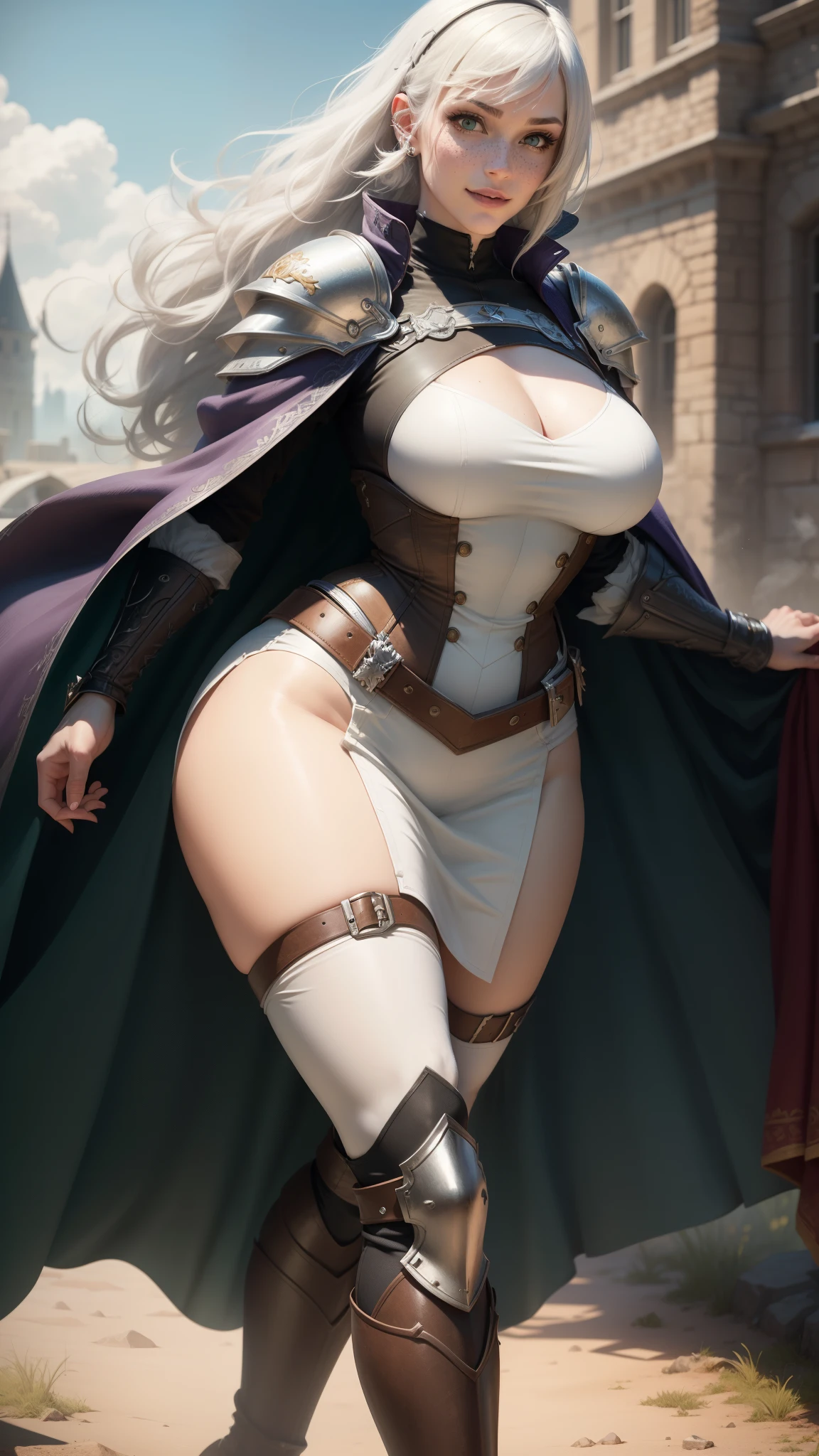 gwen tennyson,yorha 2b,rebecca chambers,overwatch,warcraft, close up, castle siege battle,tattoos, topaz and white plugsuit, white short sleeve knight top, full length knight armor,long knight skirt, full length pantyhose, harness corset, long curly hair, punk makeup, green eyes, multicolored silver hair, long dress train, sexy smile, freckles, beautiful girl, knee high boots, large breasts, 8k, ultra detailed, realistic, fantasy art, steel knight uniform, queen gown dress, hair jewelry, ear piercings, topaz hand and neck jewelry, (weather:windy), 1girl, long topaz knight coat, combat stance, on a battlefield,
