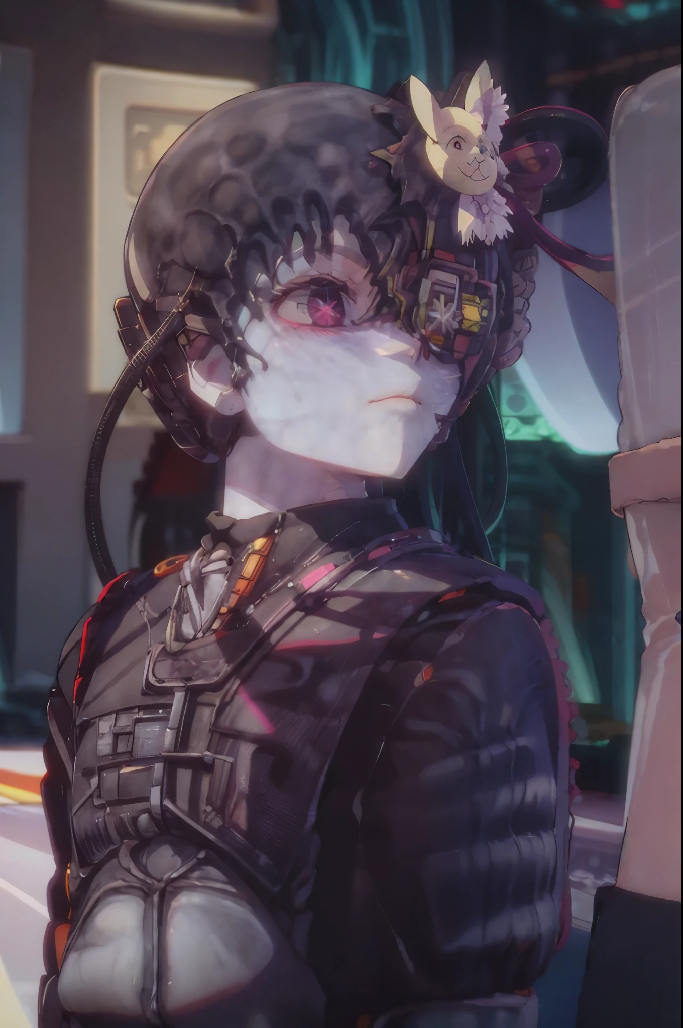 Hoshino Ai, long hair, purple hair, streaked hair ,purple eyes, star-shaped pupils, hair ornament borg
cyborg
bald
gray skin
veins
metal armor
cable
eyepatch deadpan expression