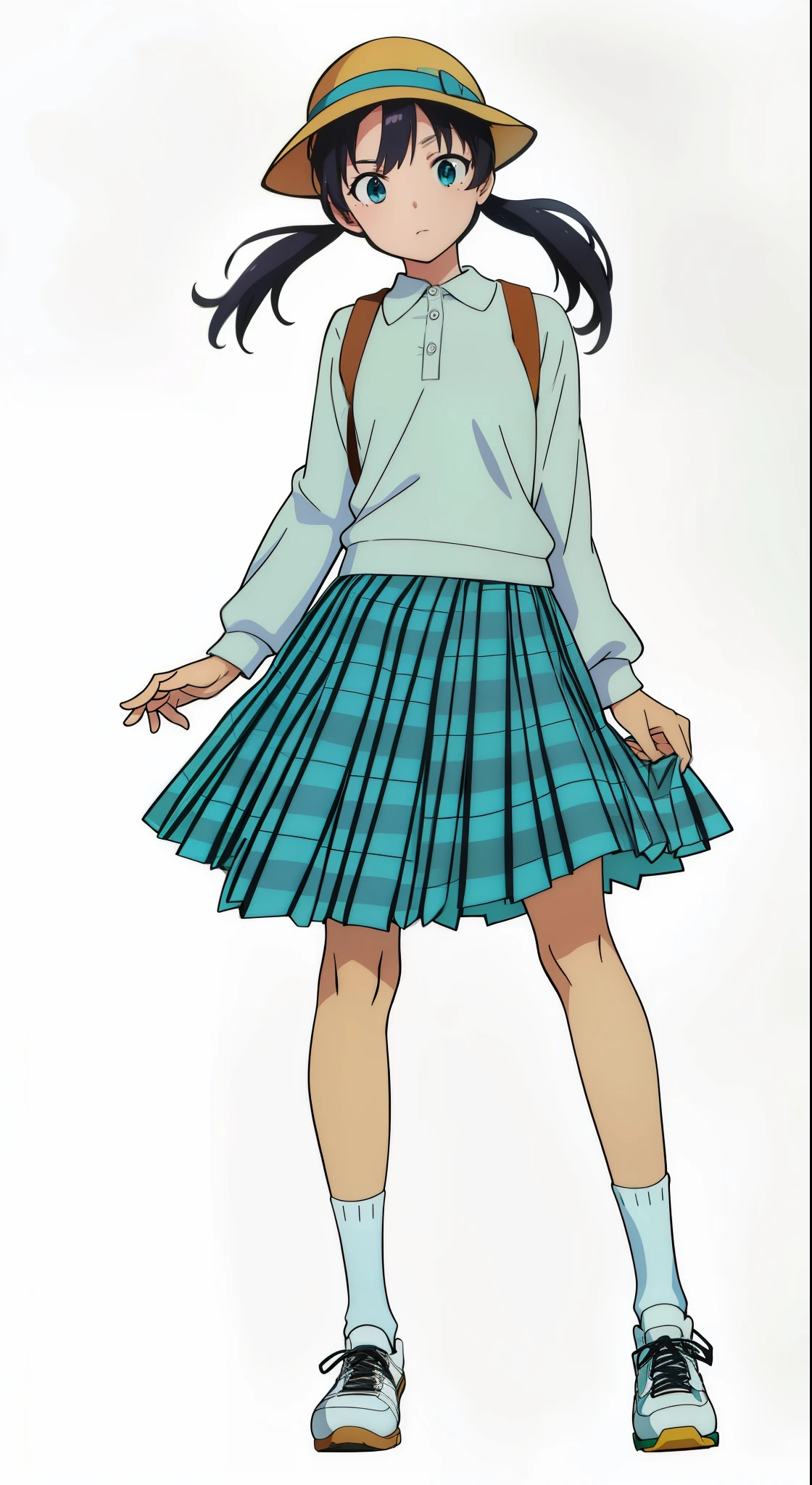 (white background:1.0), (best quality:1.0), (masterpiece:1.0), (super fine illustration:1.0), (beautiful artwork:1.0), (anime screencap:1.0), (official art:1.0), (full body:1.0), (solo:1.0), (ESGA:1.0), (a 12yo cute girl:1.25), (yellow hat:1.25), (red backpack:1.0), (long skirt:1.5), (green tartan skirt:1.0), (pleated skirt:1.0), (aqua blue polo shirt:1.0), (long sleeve polo shirt:1.0), (sneakers:1.0), (white socks:1.25), (ideal ratio body proportions:1.25), (lanky:1.25), (tall:1.25), (slender:1.25), (small breasts:1.25), (smaller face:1.25), (tareme:1.5), (detailed beautiful eyes:1.25), (detailed beautiful face:1.25), (glowing black eyes:1.0), (short hair:1.0), (low twintails:1.25), (black hair:1.0), (looking at viewer:1.25)
