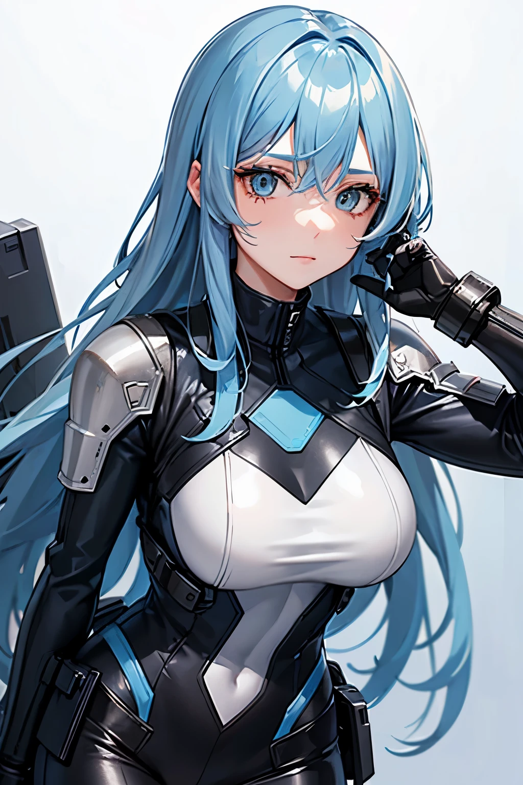 cute technician woman with long blue hair and narrow white eyes and a distinctive scar on her face in a gunmetal biker suit and an armored jacket