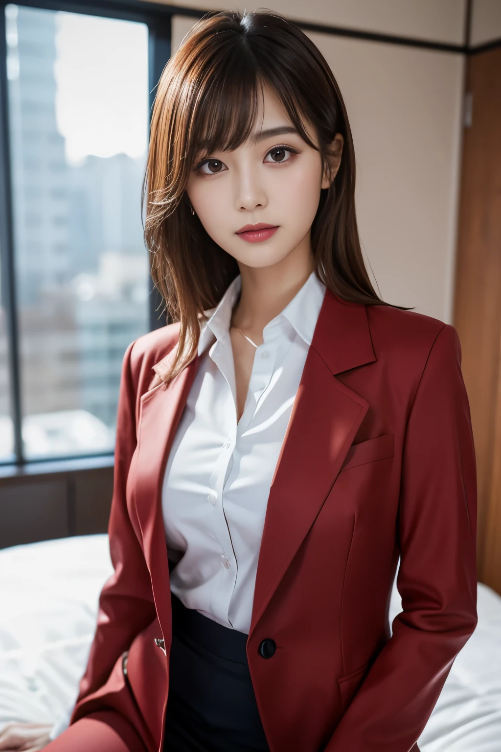 (detailed skin:1.2),(shiny skin:1.1),8k,best quality, masterpiece, ultra high res,(photorealistic:1.4), RAW photo,(soft saturation:1.3),(fair skin:1.2),1woman,gyaru,makeup,(lipstick:1.1),(eyeliner:1.2),
Brown eyes, Looking at Viewer, (office lady suit), sit on the bed, Brown hair, medium hair, messy hair, asymmetrical bangs, Black jacket, blush, collared white shirt,Long sleeves, ,half undress, Suit, Formal, Smile, Sharp Focus,moody lighting, blue hour, Japanese idol, 25 years old, tall, Glamour,