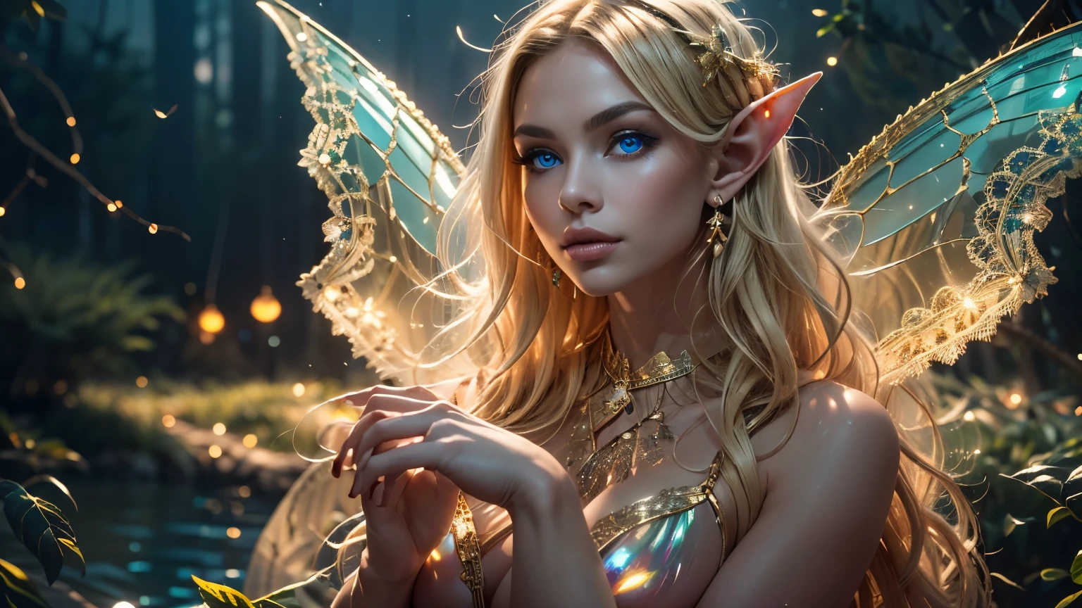 Best Quality:1.4, Ultra-detailed, extremely detailed CG unified 8k wallpaper, Highly detailed, RAW Photos, Professional Photography:1.4, plein air, Illumination, Super fancy photos:1.4, Dazzling light, Radiant Photography, depth of fields, (Beautiful woman, detailed makeup, detailed facial features, Glowing blue eyes, seductive expression, blonde hair, detailed elf ear), (four fingers on each hand, detailed fingers, proportional hands), (detailed proportional body, thin body, toned muscles, sitting, detailed proportional legs, Spread legs, shaved legs), (large breasts:1.3), (massive butterfly wings attached to the center of her back between her shoulder blades), (gold, holographic, silk bustier, scrunch thong, see through lace:1.3), (oak forest, calm lake, stary sky, moon light, fantasy setting, orbs),