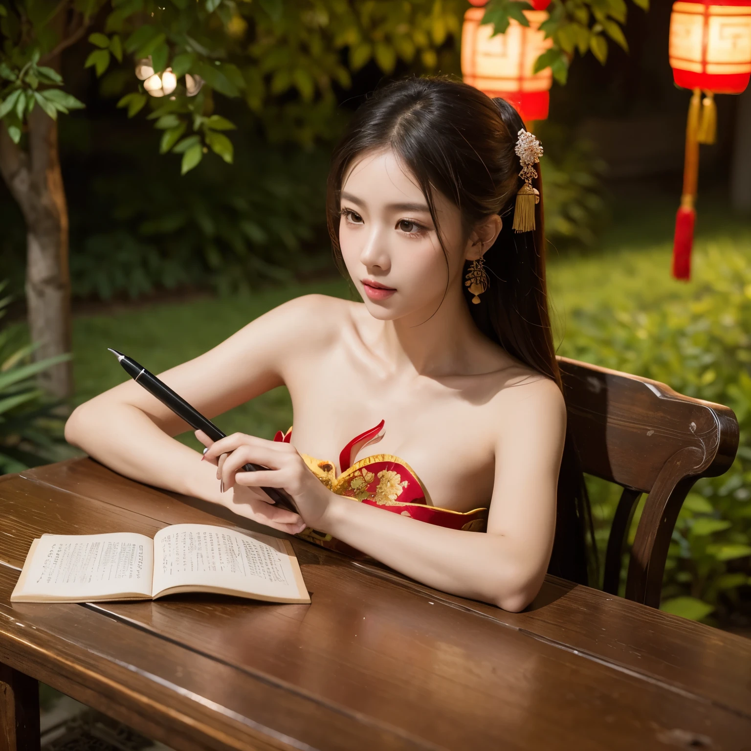 in photo，A beautiful girl in traditional Chinese clothes on a low table in the garden，not wearing clothes，naked，surrounded by old walls，Peaceful nights,((She holds a pen in her right hand，Put your left hand on the table)),((masterpiece)),actual,4k,Very detailed